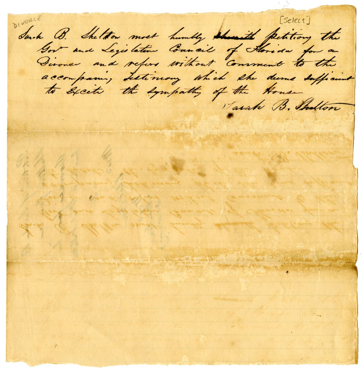 Divorce Petition of Sarah B. Shelton, 1836