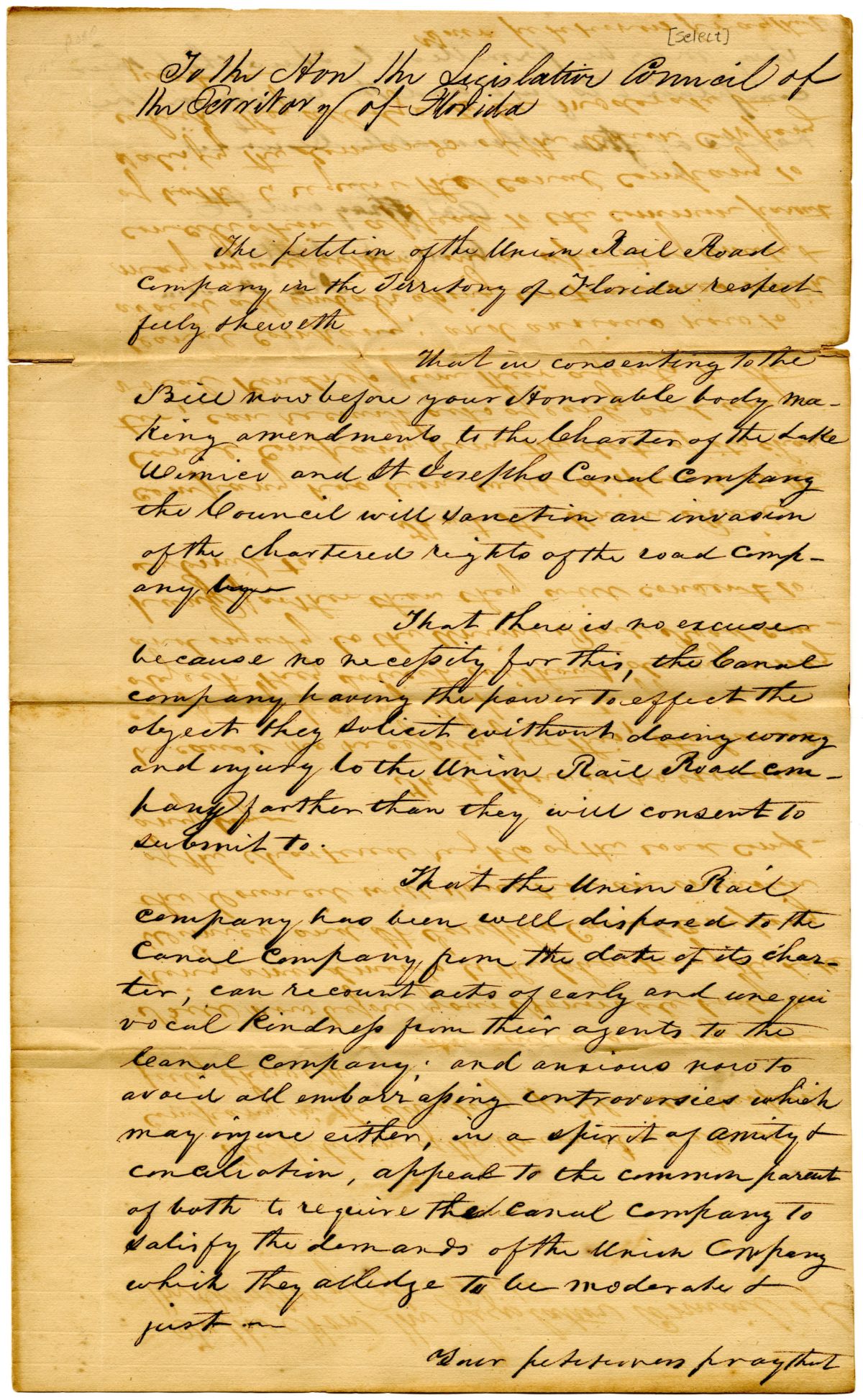 Petition of the Union Railroad Company Stating Opposition to Proposed Legislation, circa 1836