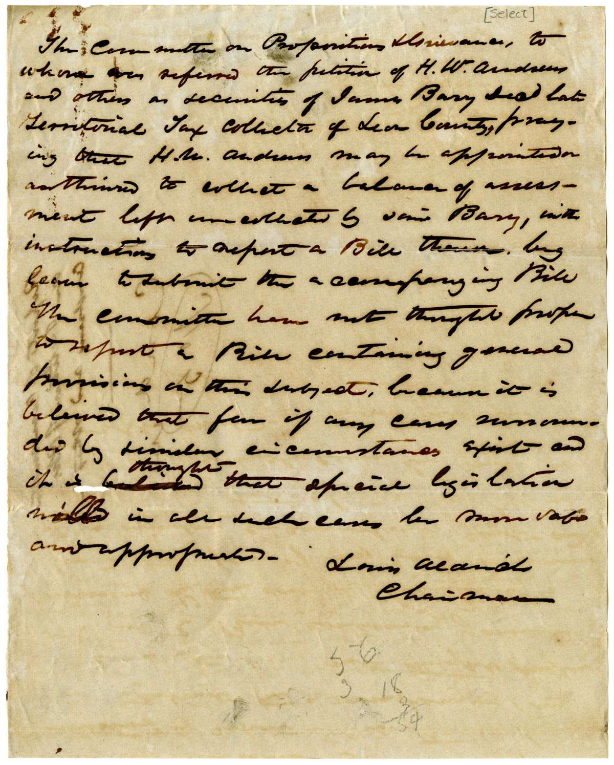 Report of the Committee on Propositions and Grievances Concerning the Petition of H. W. Anderson, circa 1846