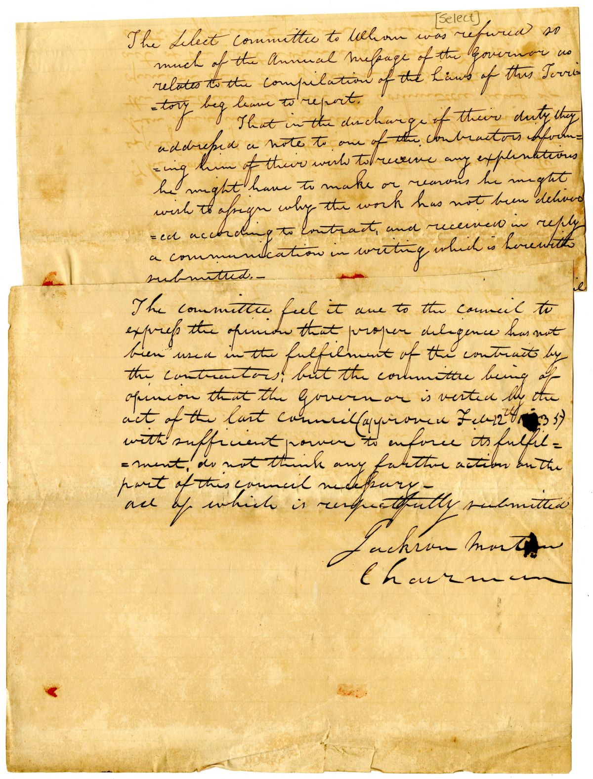 Report of the Select Committee to Whom Was Referred the Portion of the Governor's Message Relating to the Compilation of the Laws, circa 1837