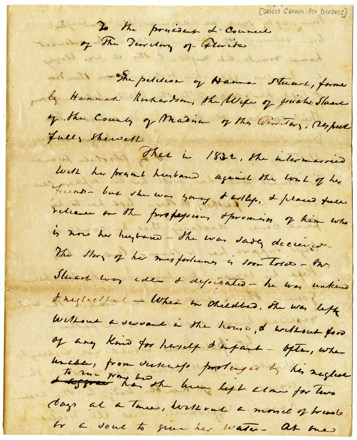 Divorce Petition of Hannah Stuart, 1837