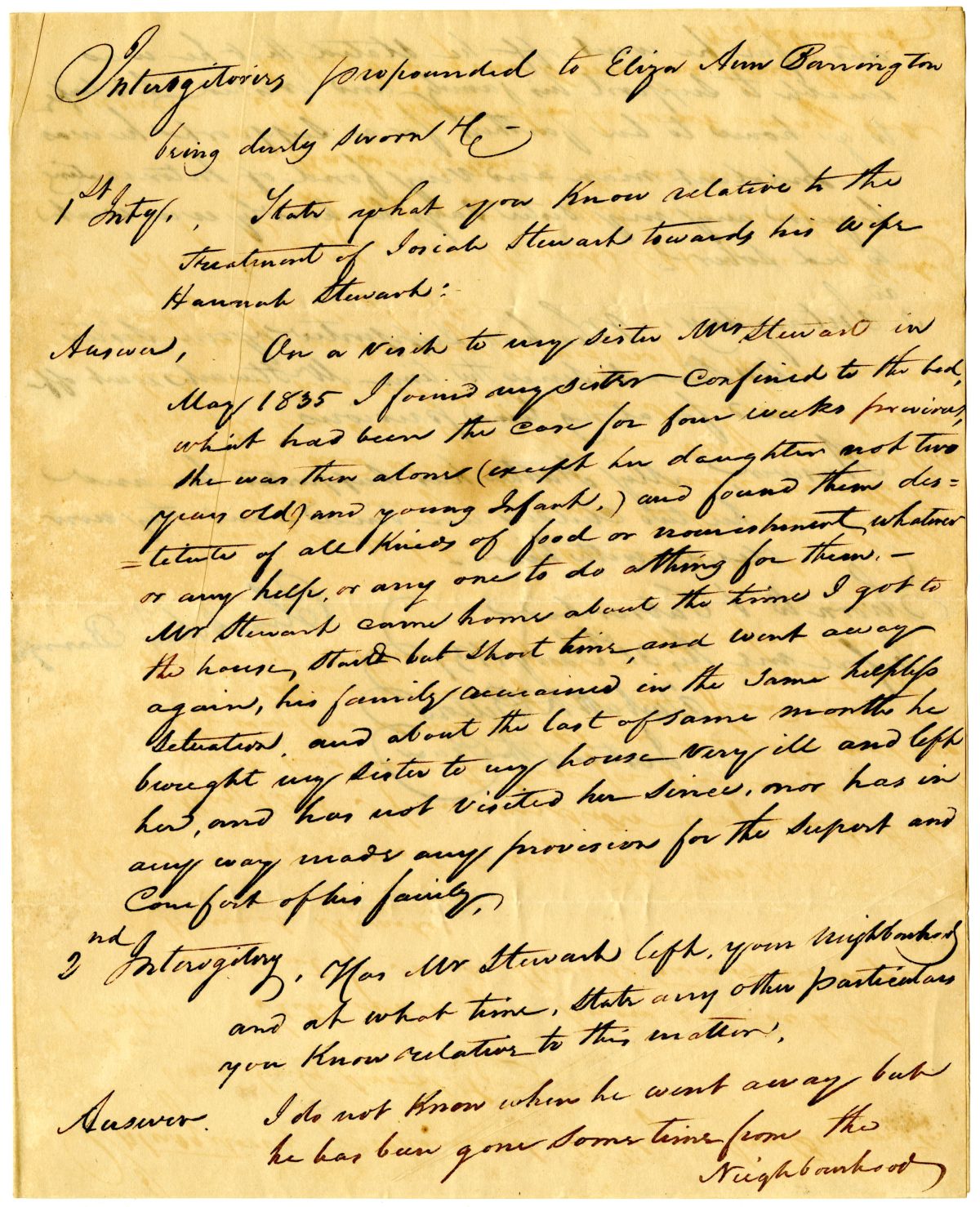 Interrogatories Propounded to Eliza Ann Barrington Concerning the Marriage of Josiah and Hannah Stewart, 1837