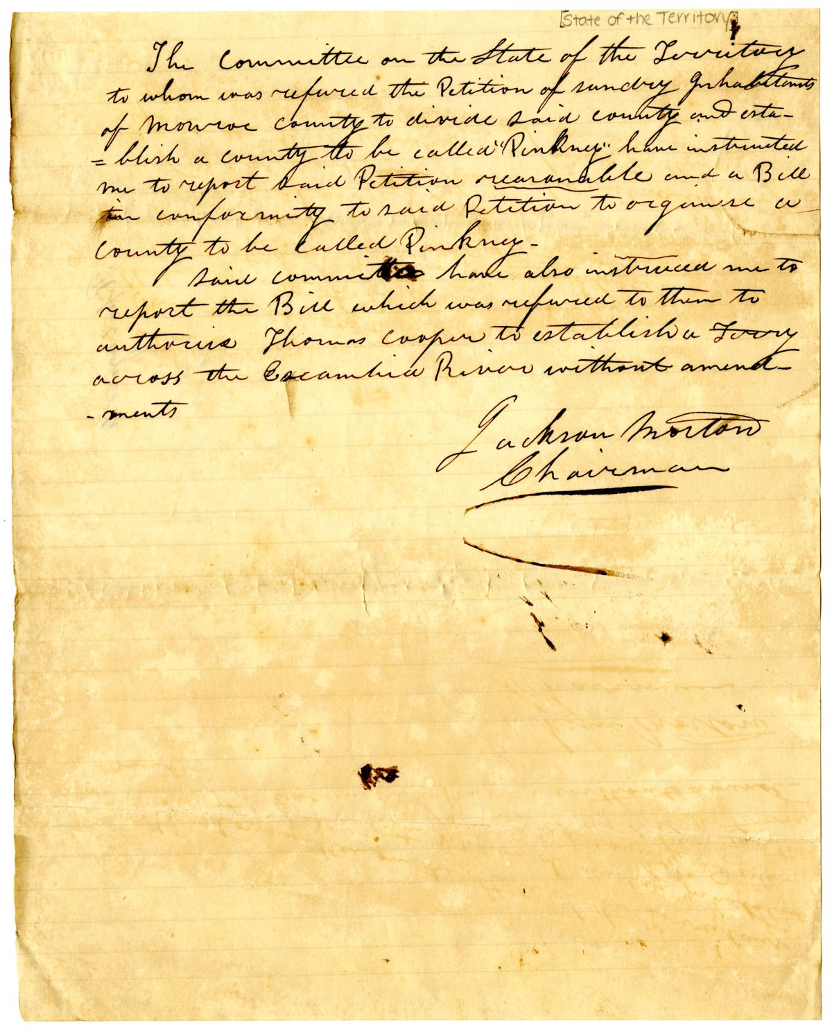 Report of the Committee on the State of the Territory Concerning a Petition of Citizens of Monroe County, 1836