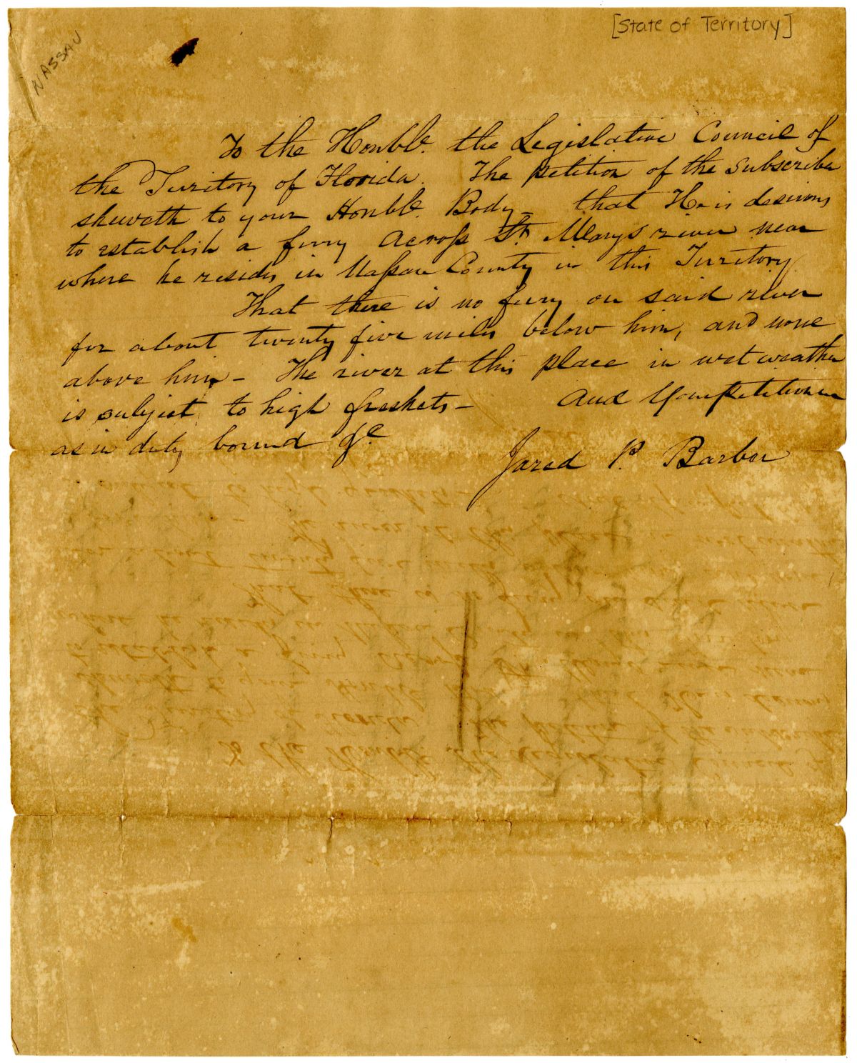 Petition of Jared P. Barbor Requesting Permission to Establish a Ferry Across the Saint Marys River, 1836