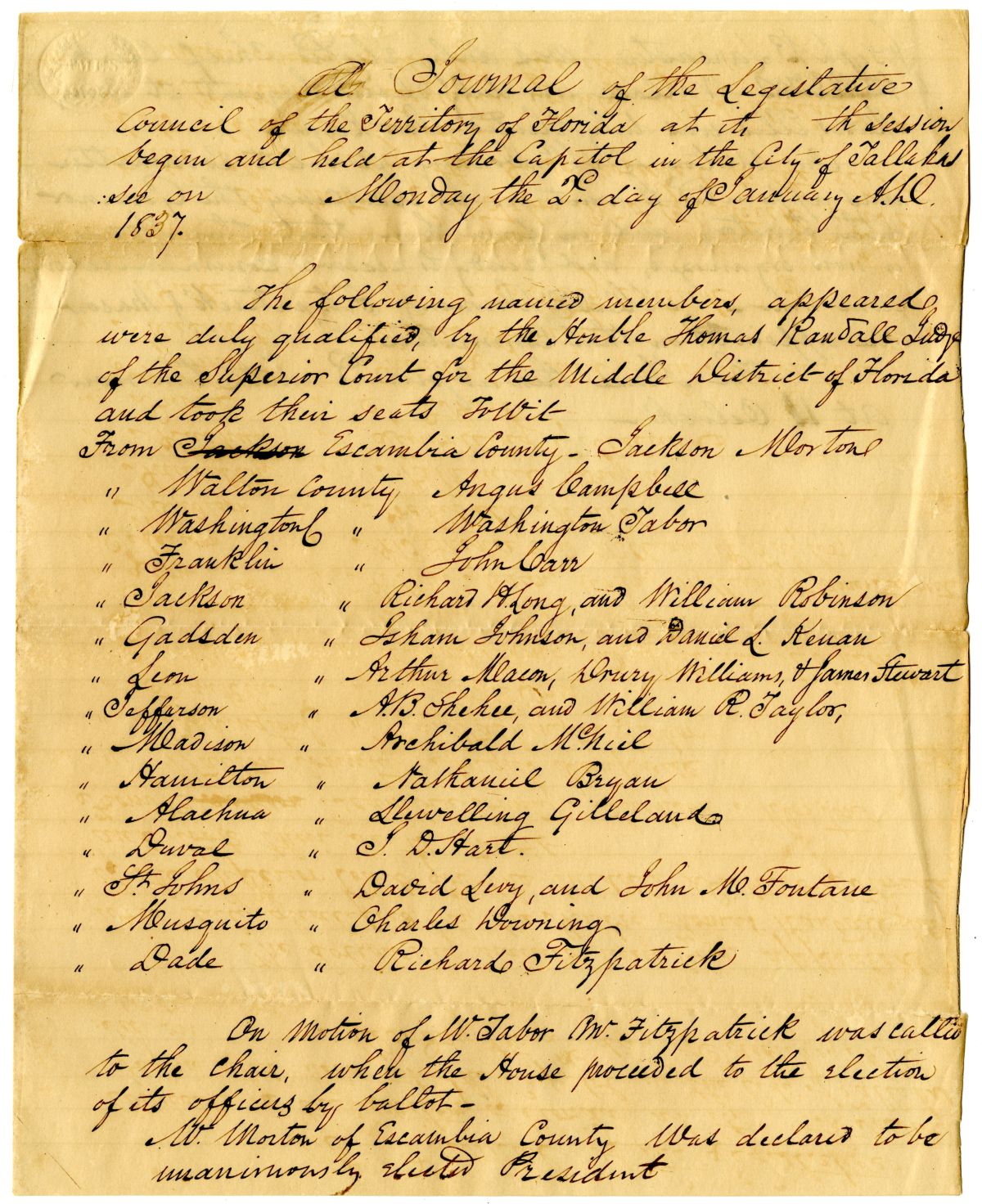 Journal of the Florida Territorial Legislative Council, January 2, 1837