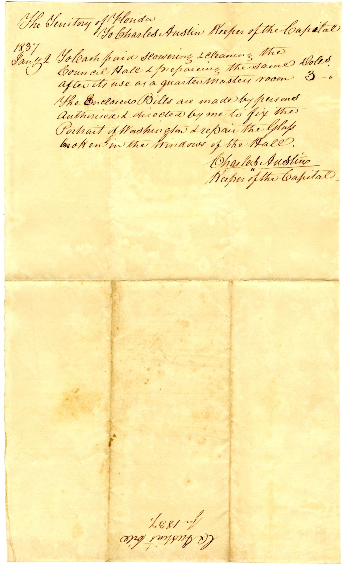 Accounts of Territorial Treasurer Charles Austin Relating to Capitol Maintenance, 1837