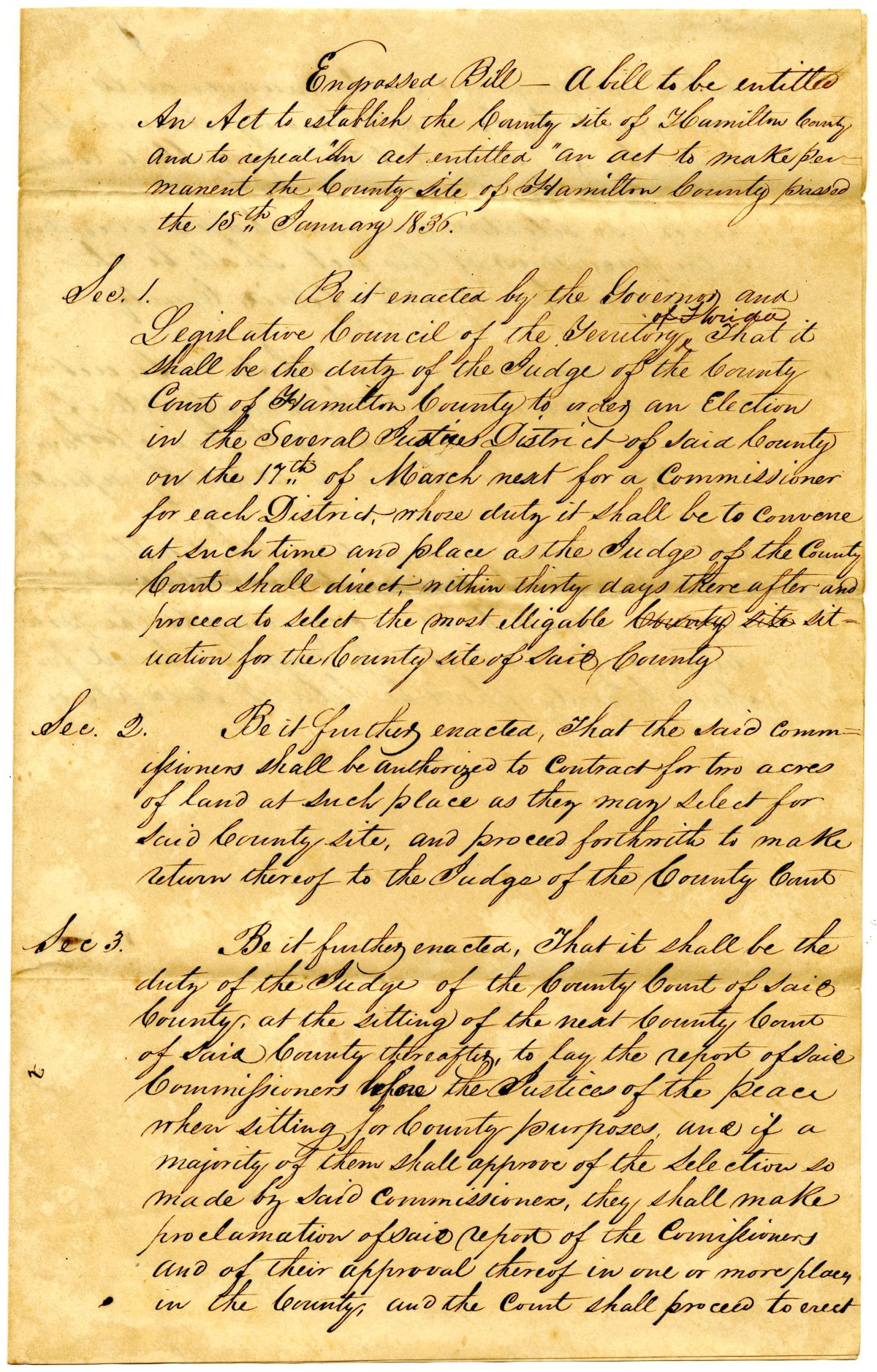 Draft of an Act to Establish the County Seat of Hamilton County, 1838