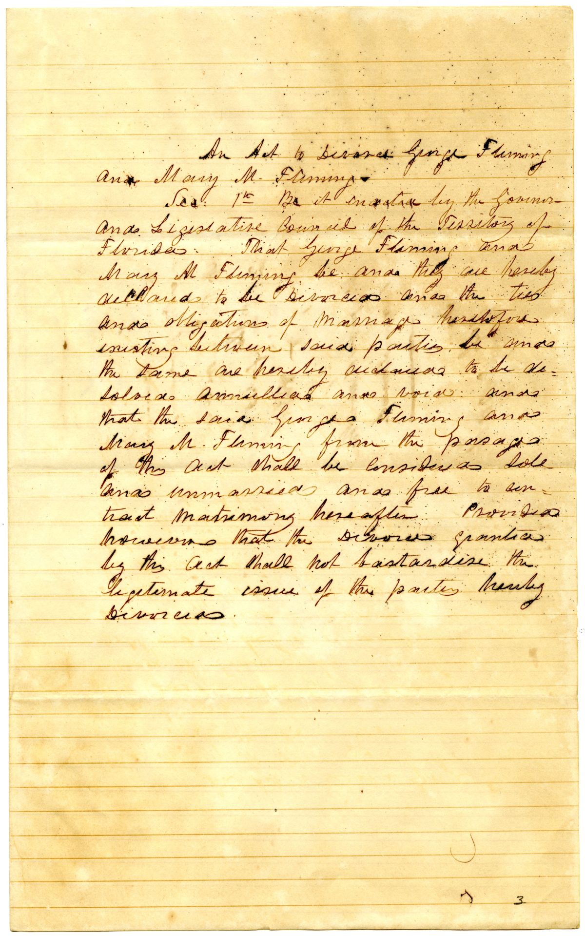 Draft of an Act to Divorce George Fleming and Mary M. Fleming, 1838