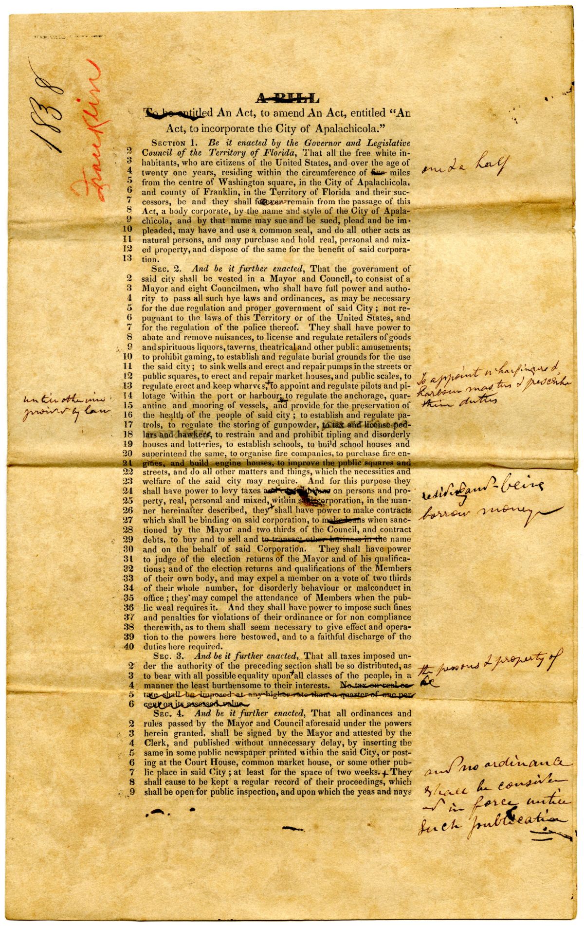 Draft of an Act to Amend an Act to Incorporate the City of Apalachicola, 1838