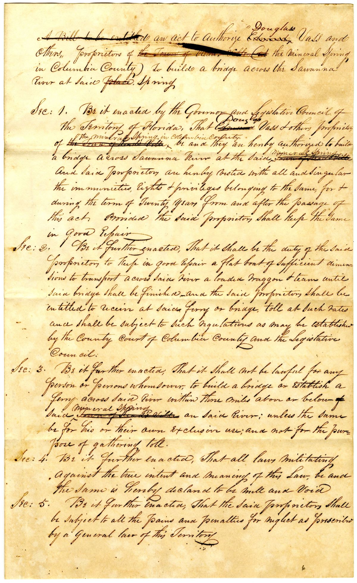 Draft of an Act to Authorize the Proprietors of the Mineral Spring in Columbia County to Build a Bridge Across the Suwannee River, 1838