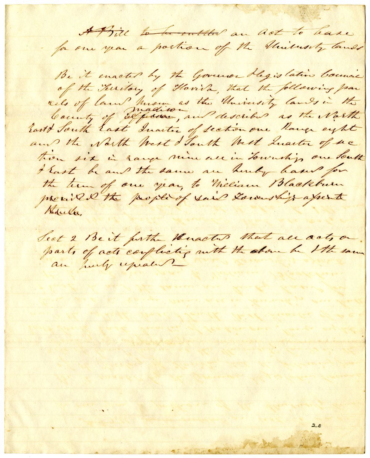 Draft of an Act to Lease for One Year a Portion of the University Lands, 1838