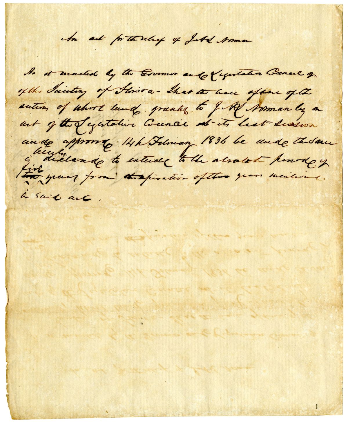 Draft of an Act for the Relief of J. A. L. Norman, circa 1837