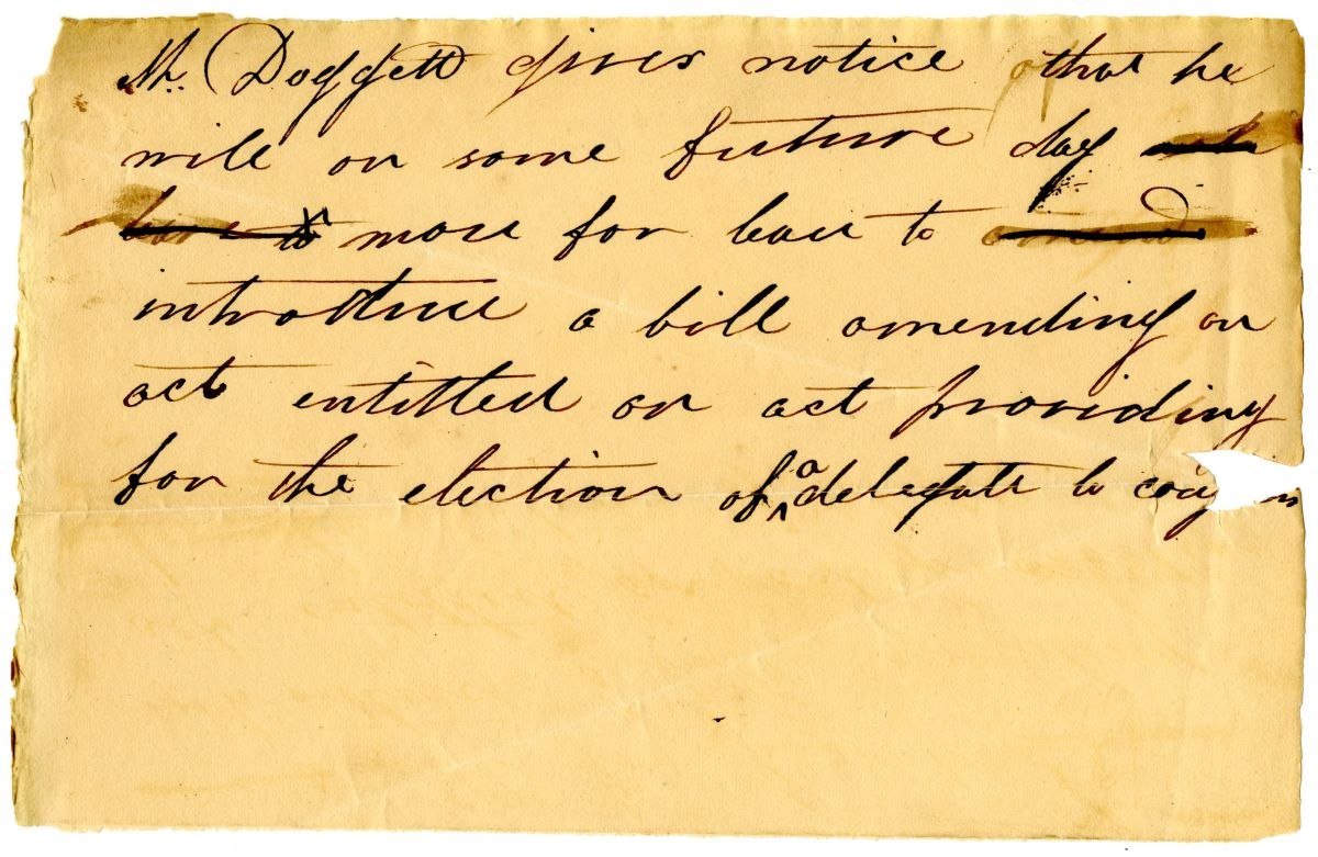 Notice that Representative John L. Doggett Will Motion to Introduce a Bill to Amend an Act Concerning the Election of Delegate to Congress, circa 1827