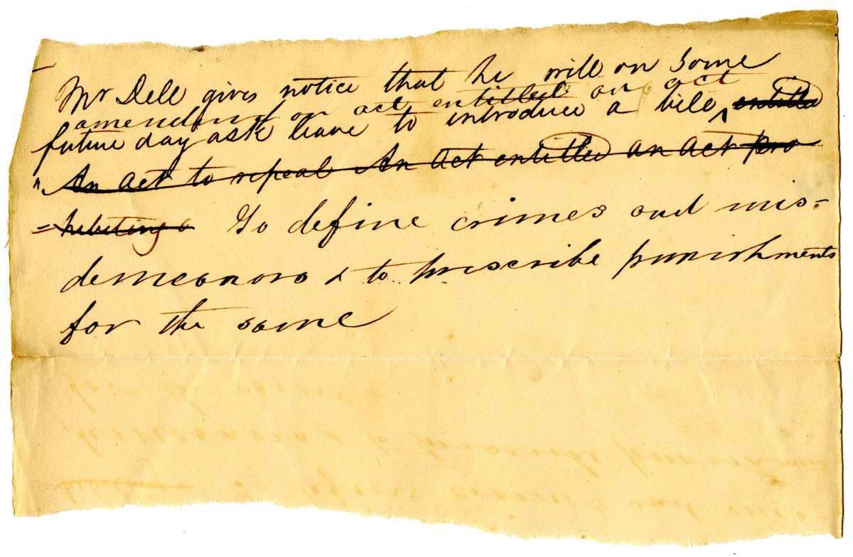 Notice that Representative Dell Will Motion to Introduce a Bill Concerning Crimes and Misdemeanors, circa 1827