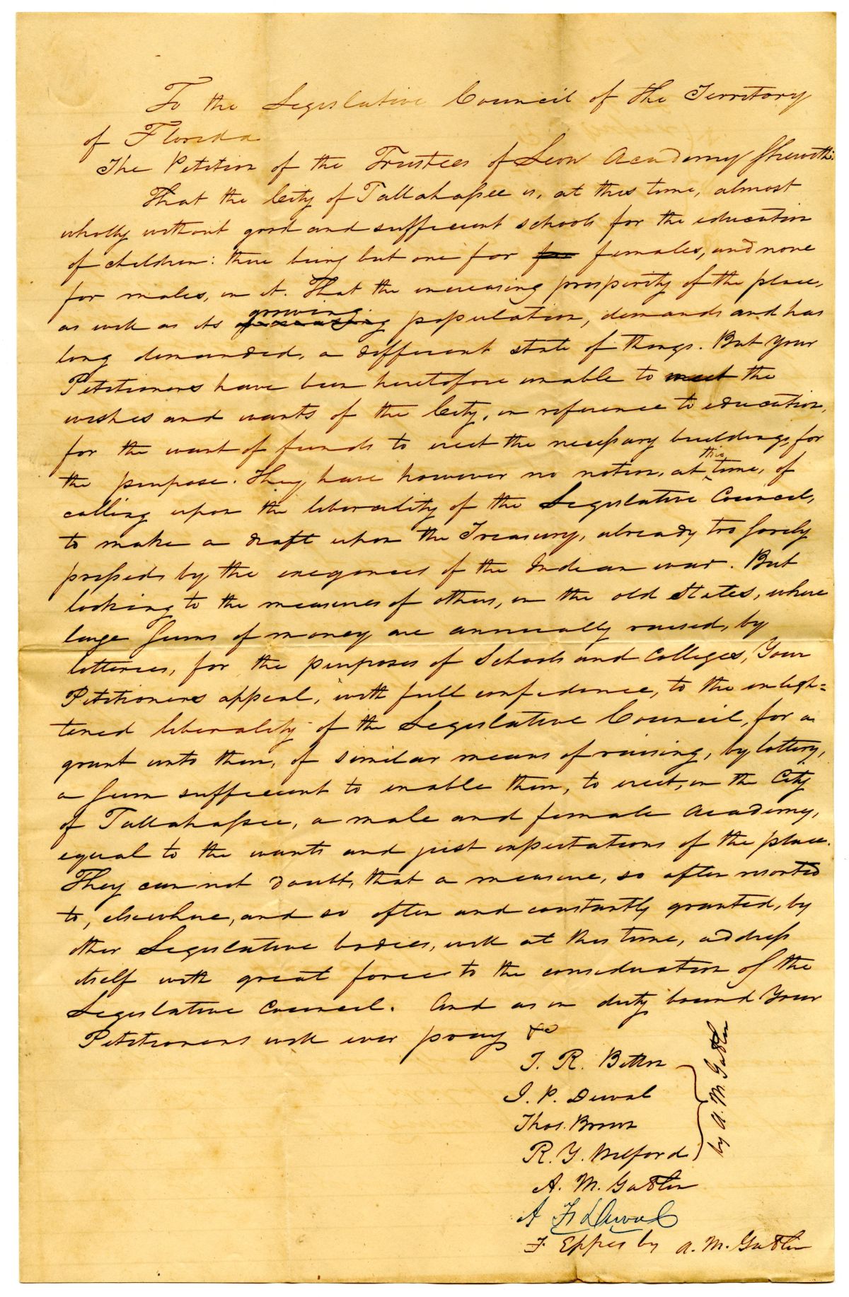 Petition of the Trustees of the Leon Academy Requesting to Raise Funds by Lottery, circa 1830