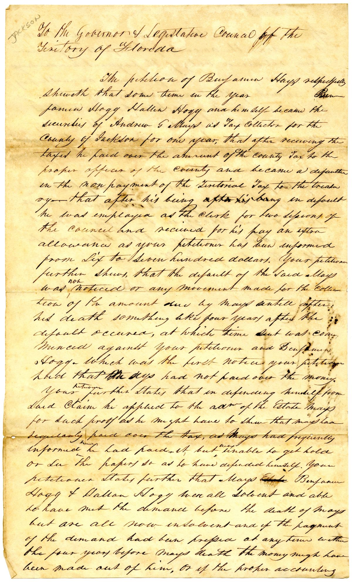 Petition of Benjamin Hays Requesting to Be Released from a Judgment Against Him, circa 1835