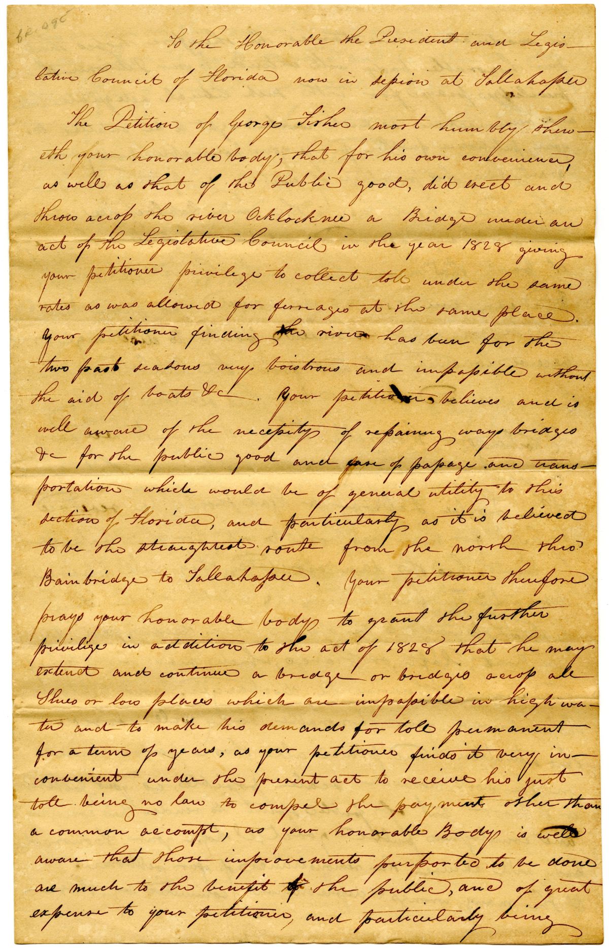 Petition of George Fisher Requesting Permission to Make Additions to His Bridge over the Ochlockonee River, circa 1832