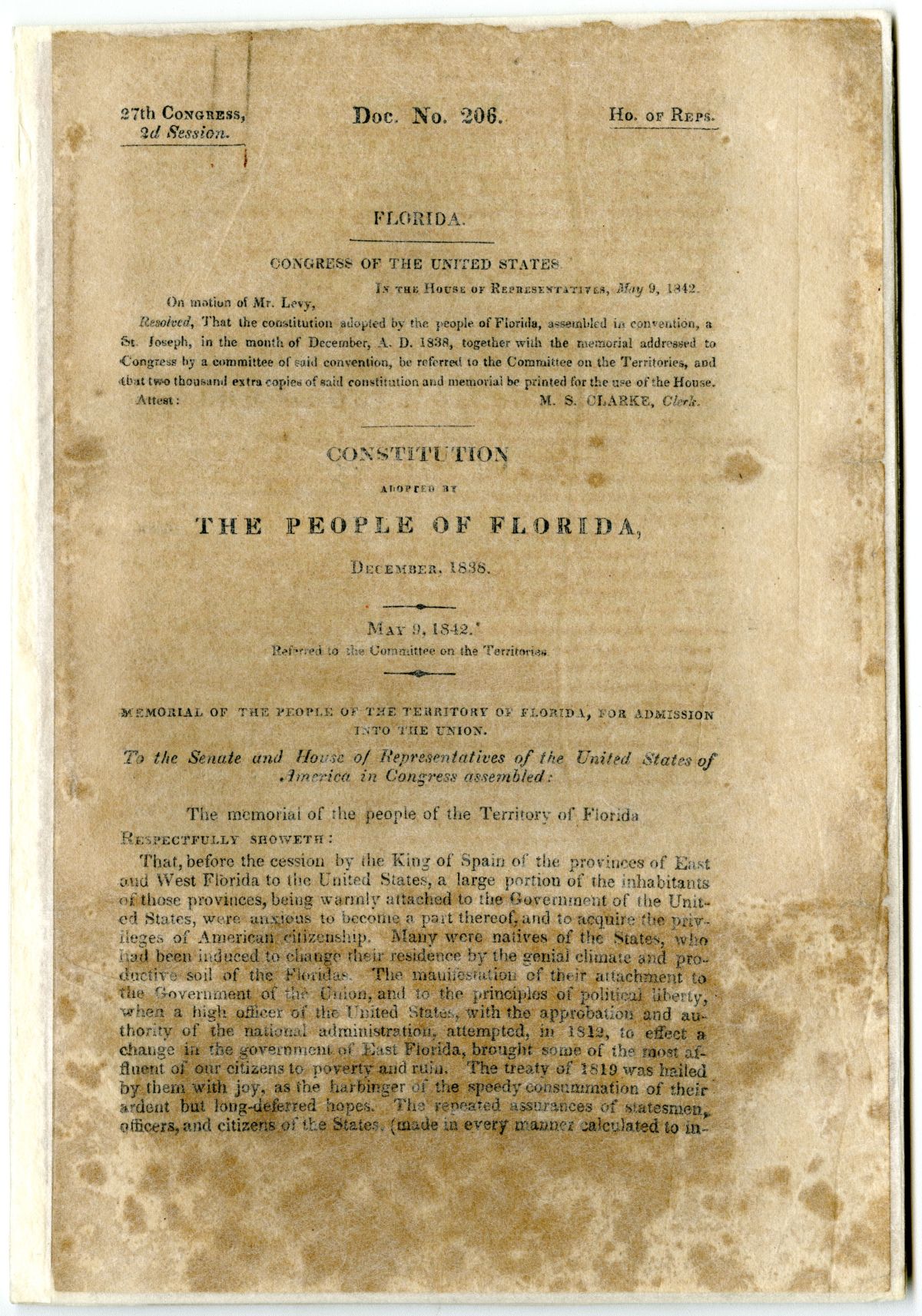 Copy of the Florida Constitution of 1838 with a Memorial from the Territory of Florida to Congress, 1842