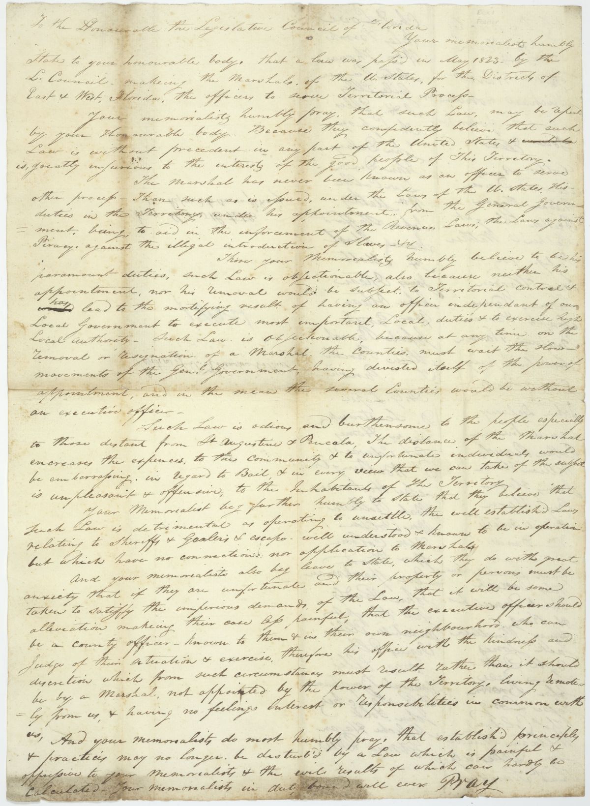 Petition to the Territorial Legislative Council Asking That a Law Regarding United States Marshals Be Repealed, 1824