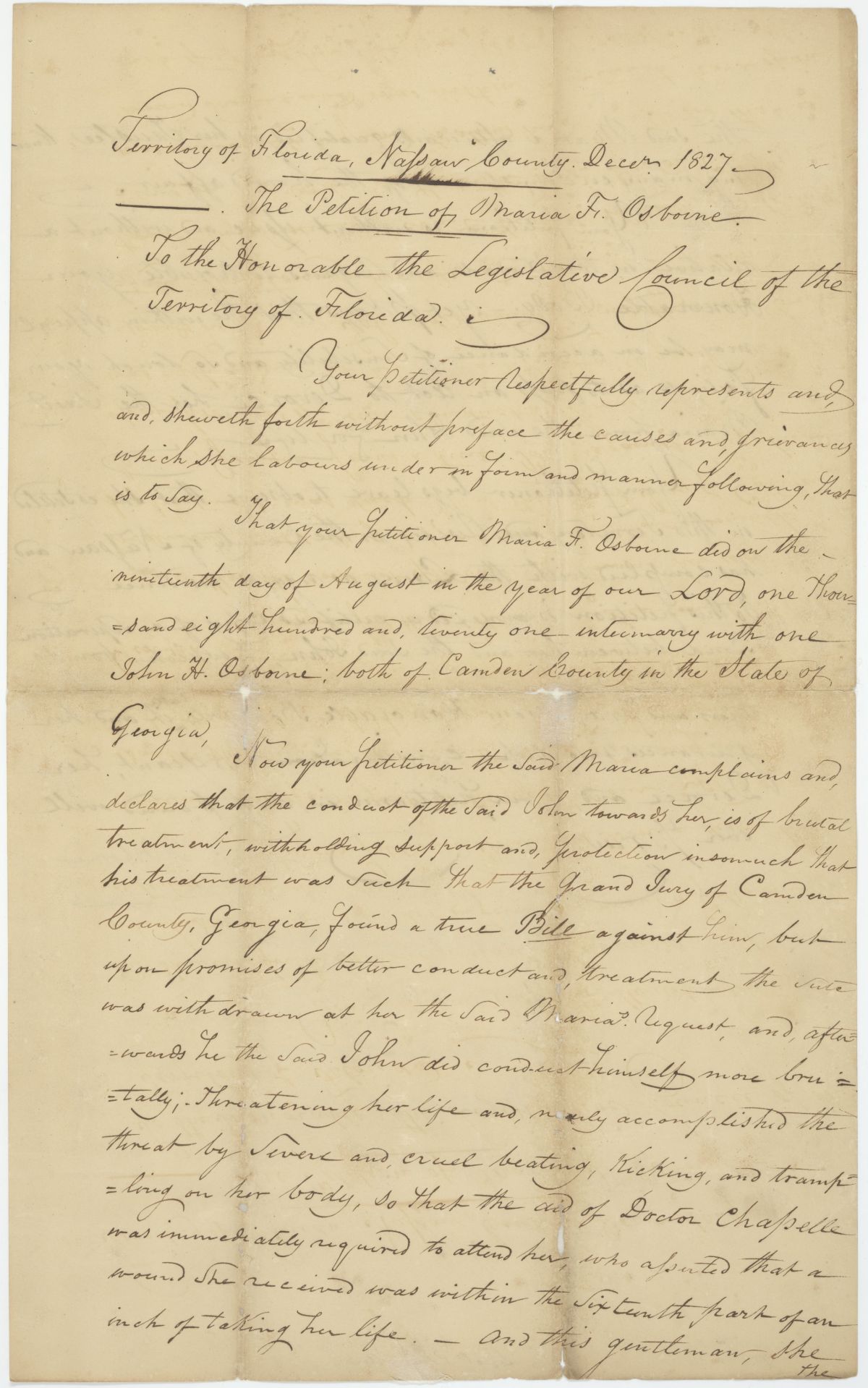 Petition of Maria F. Osborne to Be Divorced from John H. Osborne, December 1827