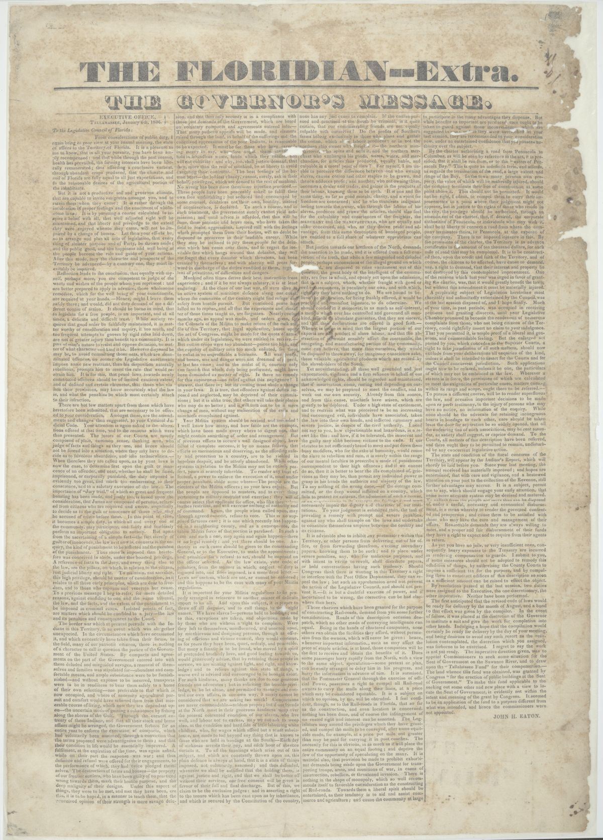 Reprint of a Message from Governor John H. Eaton to the Territorial Legislative Council, January 6, 1836