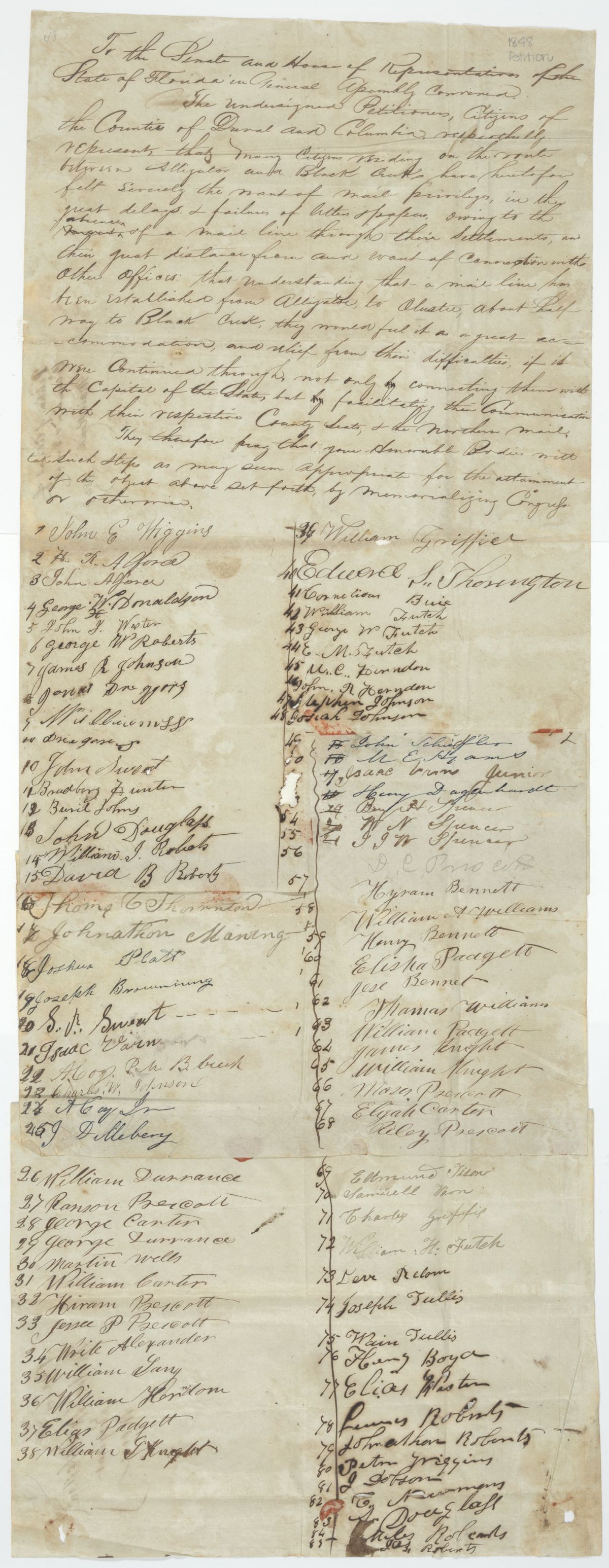 Petition from Citizens of Duval and Columbia Counties Requesting Better Mail Facilities, 1848