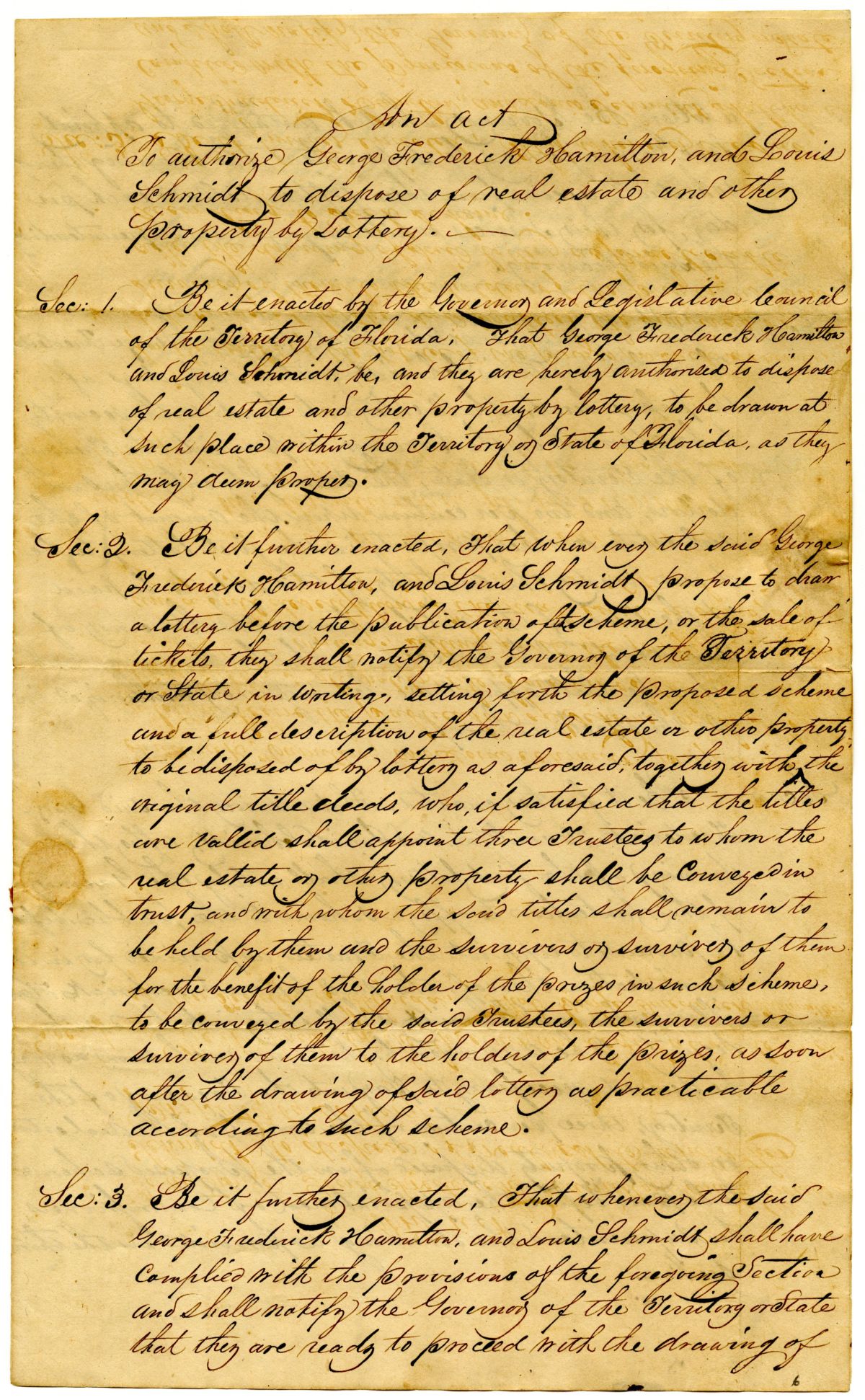 Draft of an Act to Authorize George Frederick Hamilton and Louis Schmidt to Dispose of Real Estate and Other Property by Lottery, 1839