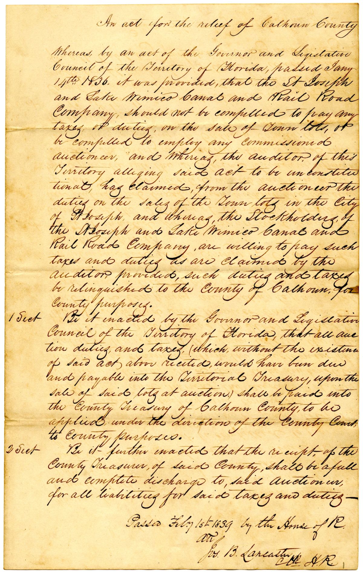 Draft of an Act for the Relief of Calhoun County, 1839