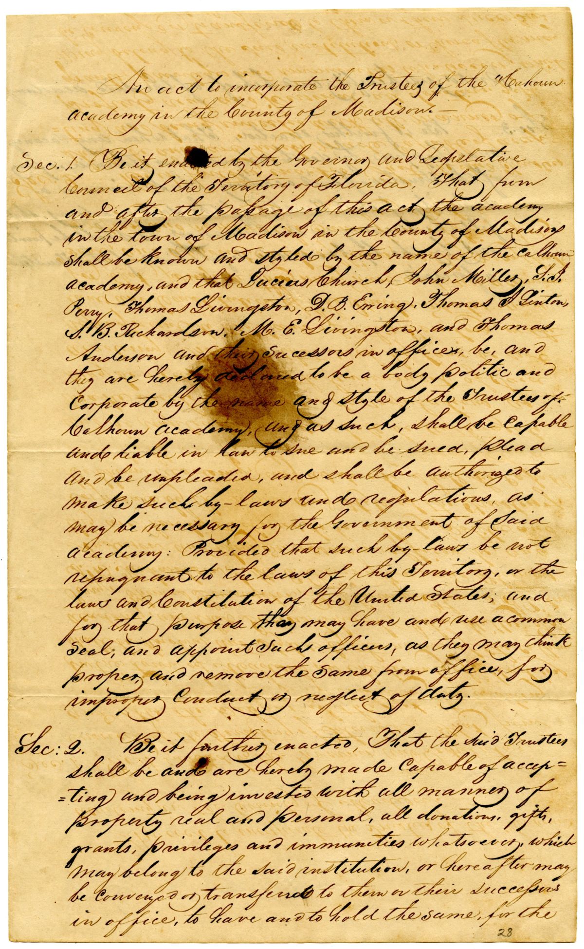 Draft of an Act to Incorporate the Trustees of Calhoun Academy, 1839