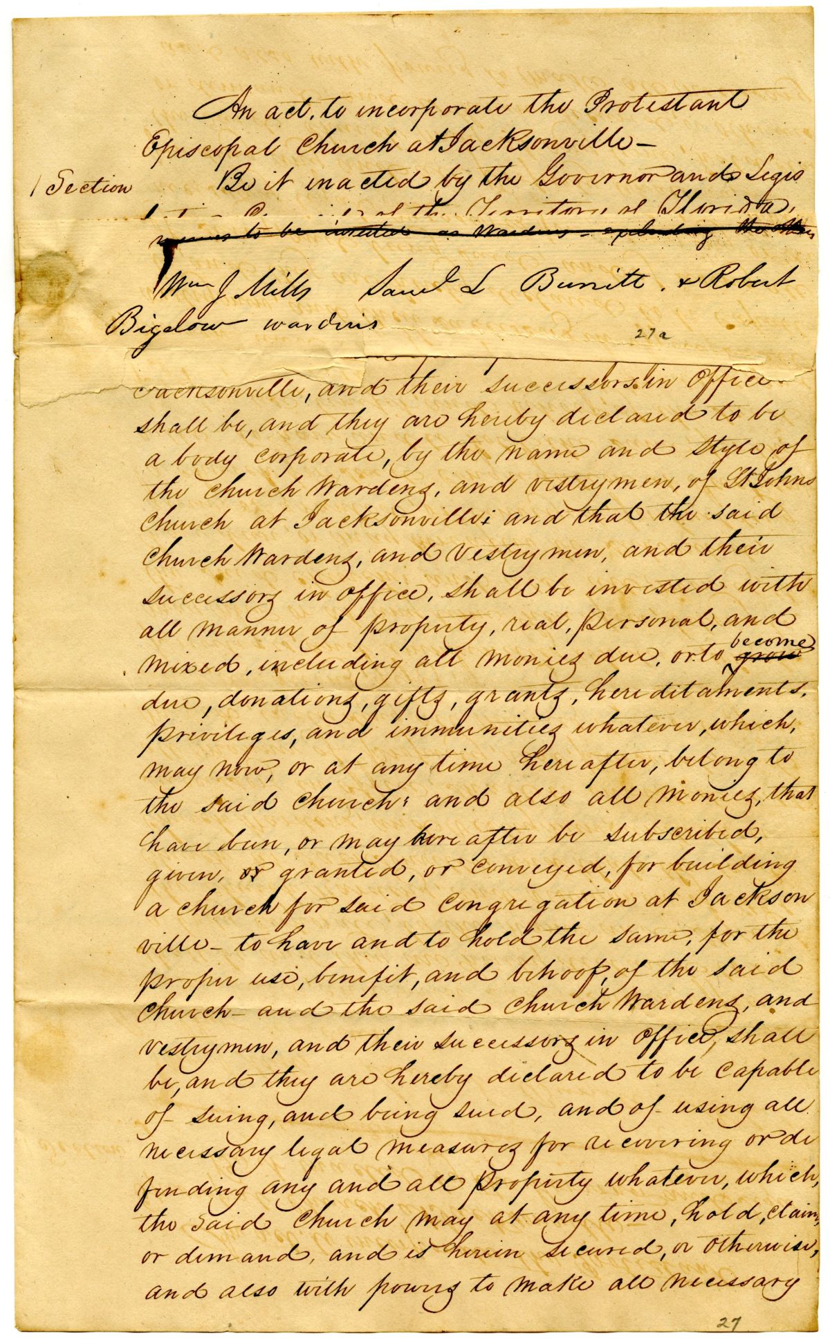 Draft of an Act to Incorporate the Protestant Episcopal Church at Jacksonville, 1839