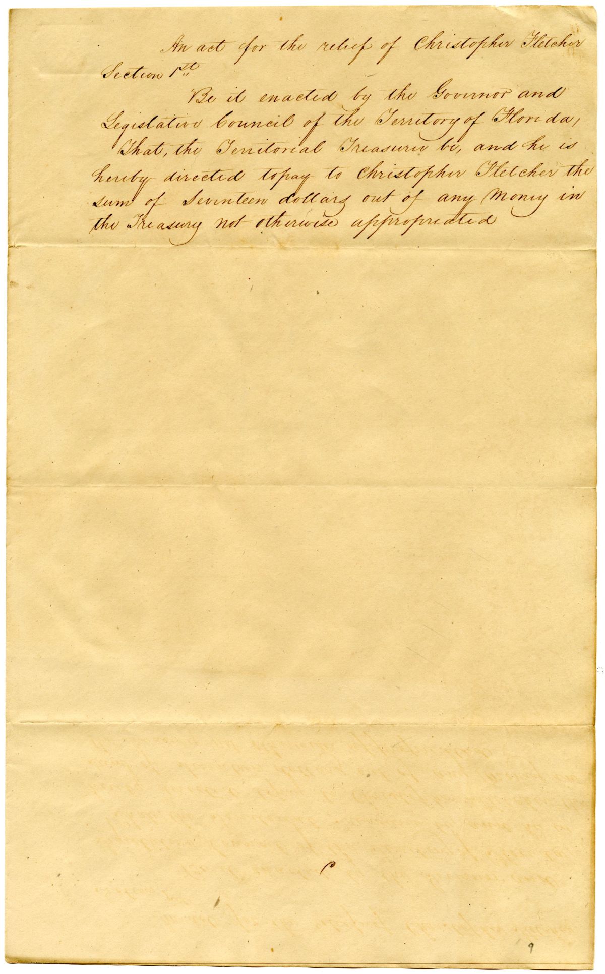 Draft of an Act for the Relief of Christopher Fletcher, 1839