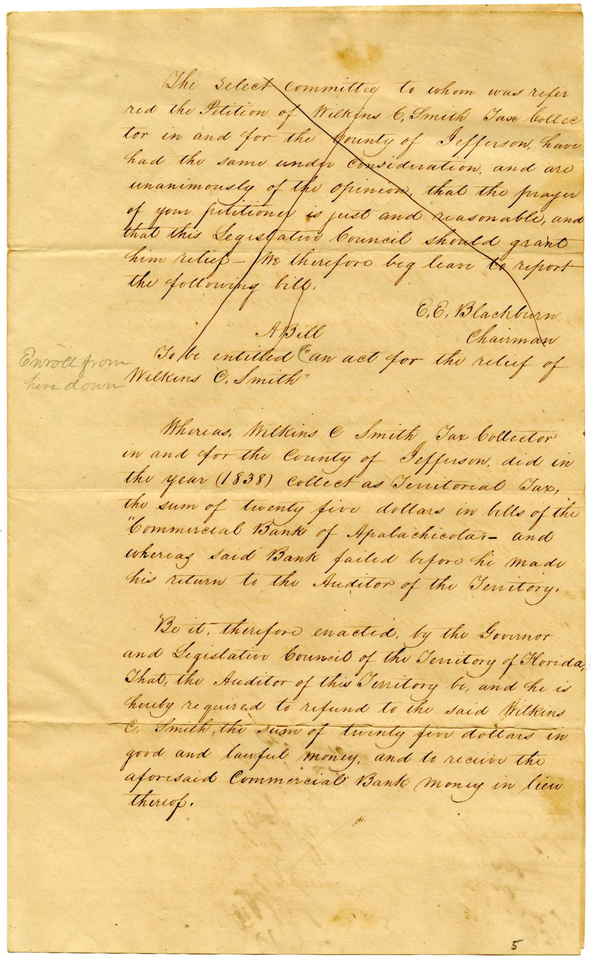 Draft of an Act for the Relief of Wilkins C. Smith, 1839