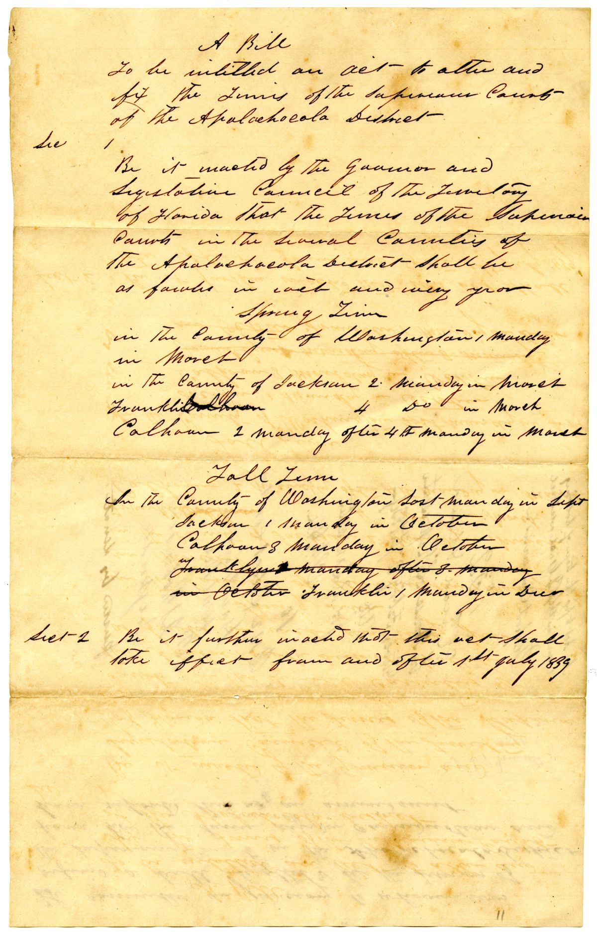 Draft of an Act to Alter and Fix the Times of the Superior Court of the Apalachicola District, 1839