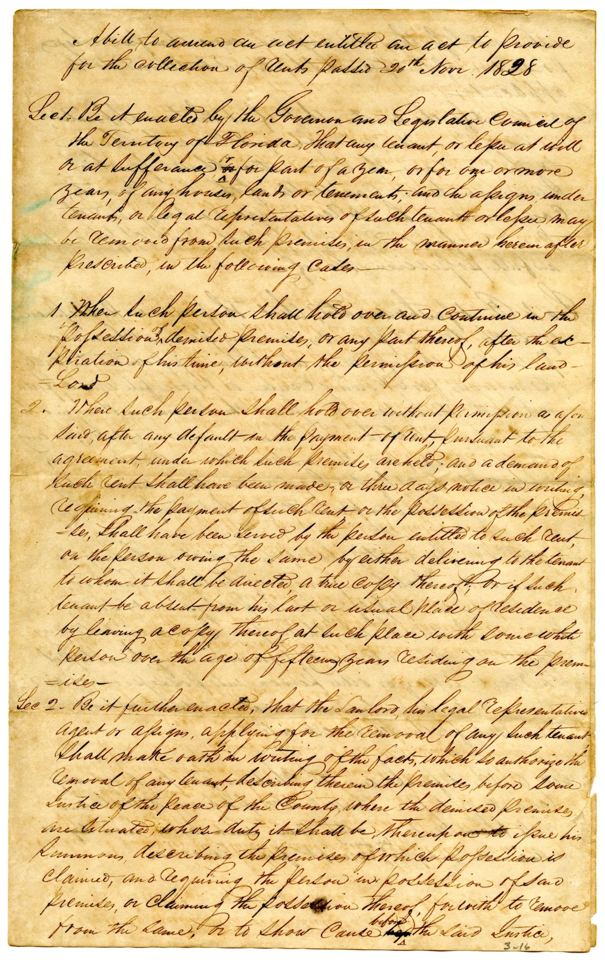 Draft of an Act to Amend an Act to Provide for the Collection of Rents, 1839