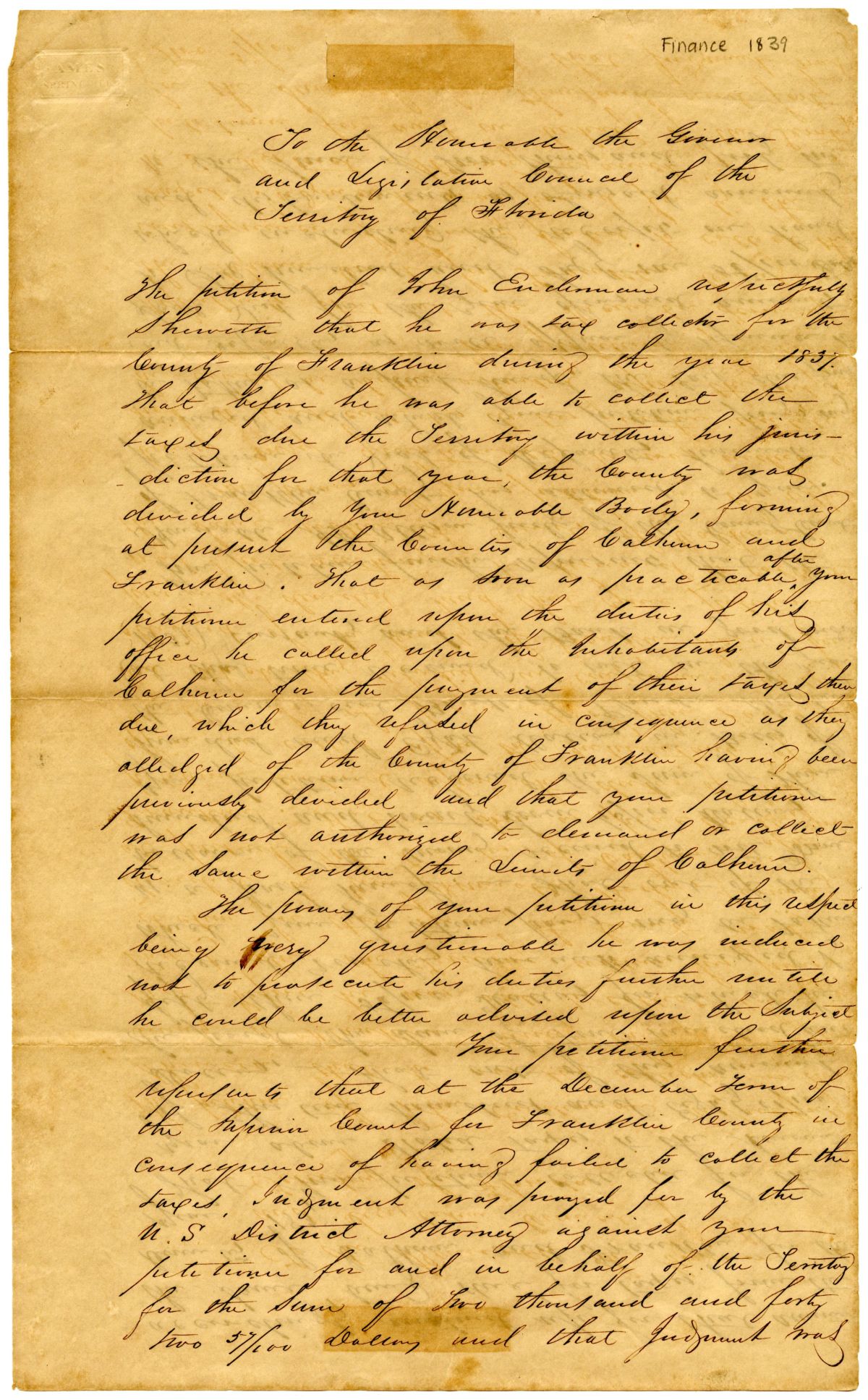 Petition of John Enderman Requesting that He Be Released from a Judgment Against Him, 1839