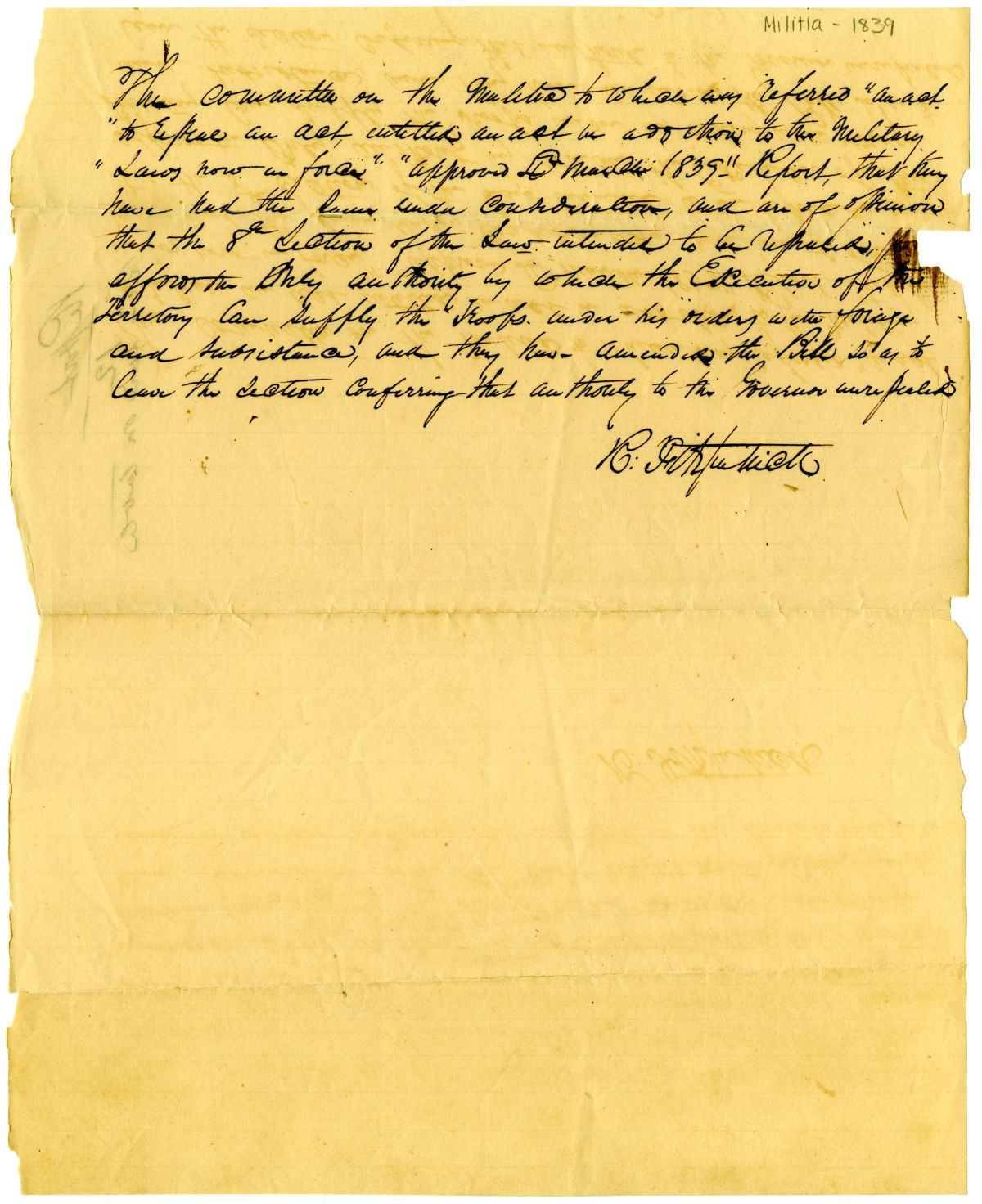 Report of the Committee on the Militia, circa 1839