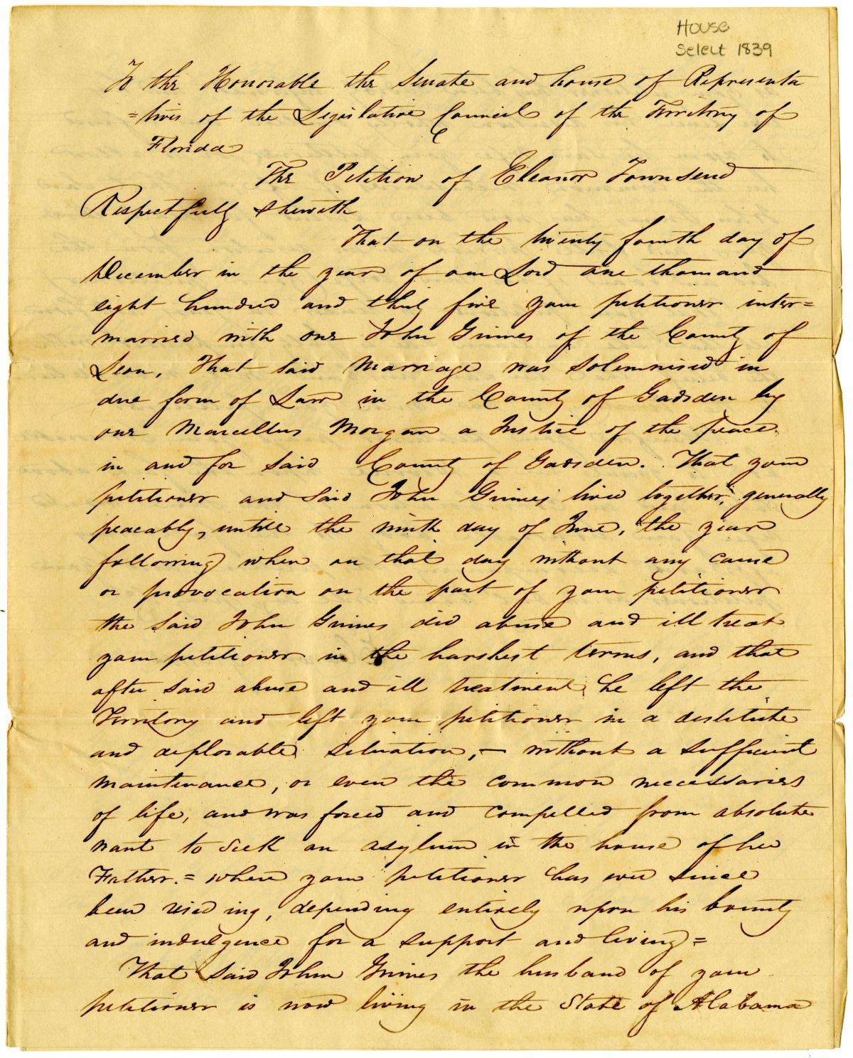 Divorce Petition of Eleanor Grimes with Supporting Affidavits, 1839