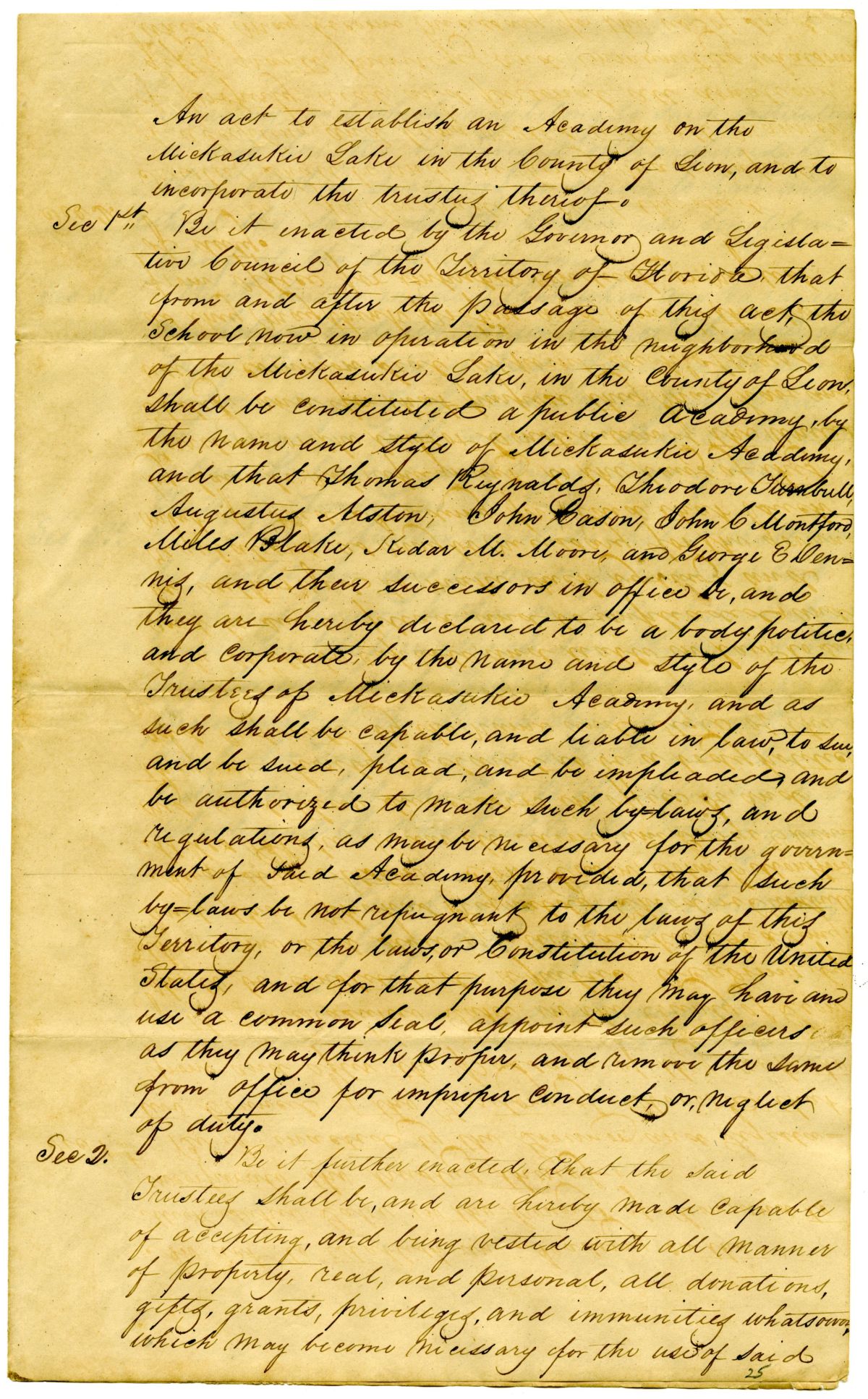 Draft of an Act to Establish an Academy on the Miccosukee Lake in Leon County, 1839