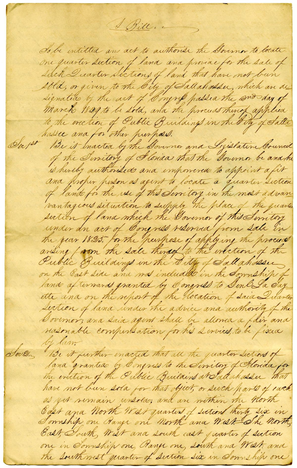 Draft of an Act to Authorize the Governor to Locate One Quarter Section of Land, circa 1839