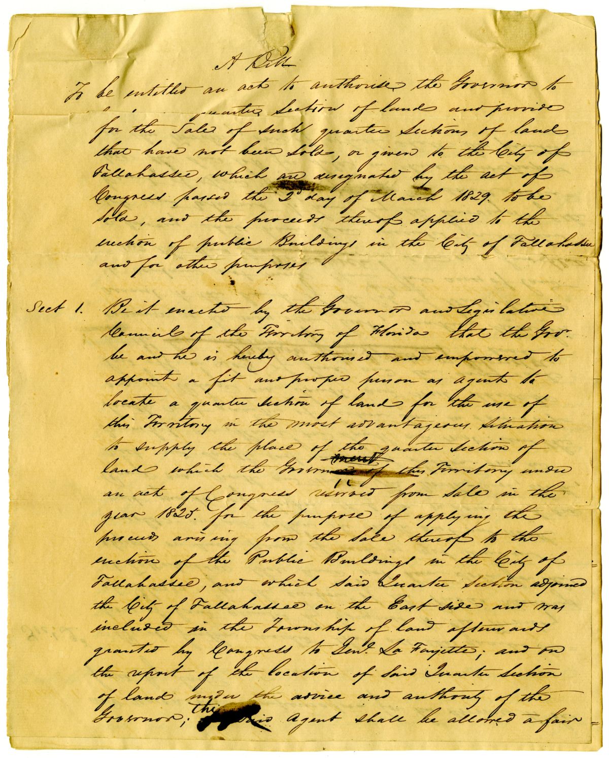 Draft of an Act to Authorize the Governor to Locate One Quarter Section of Land to Be Sold, circa 1839