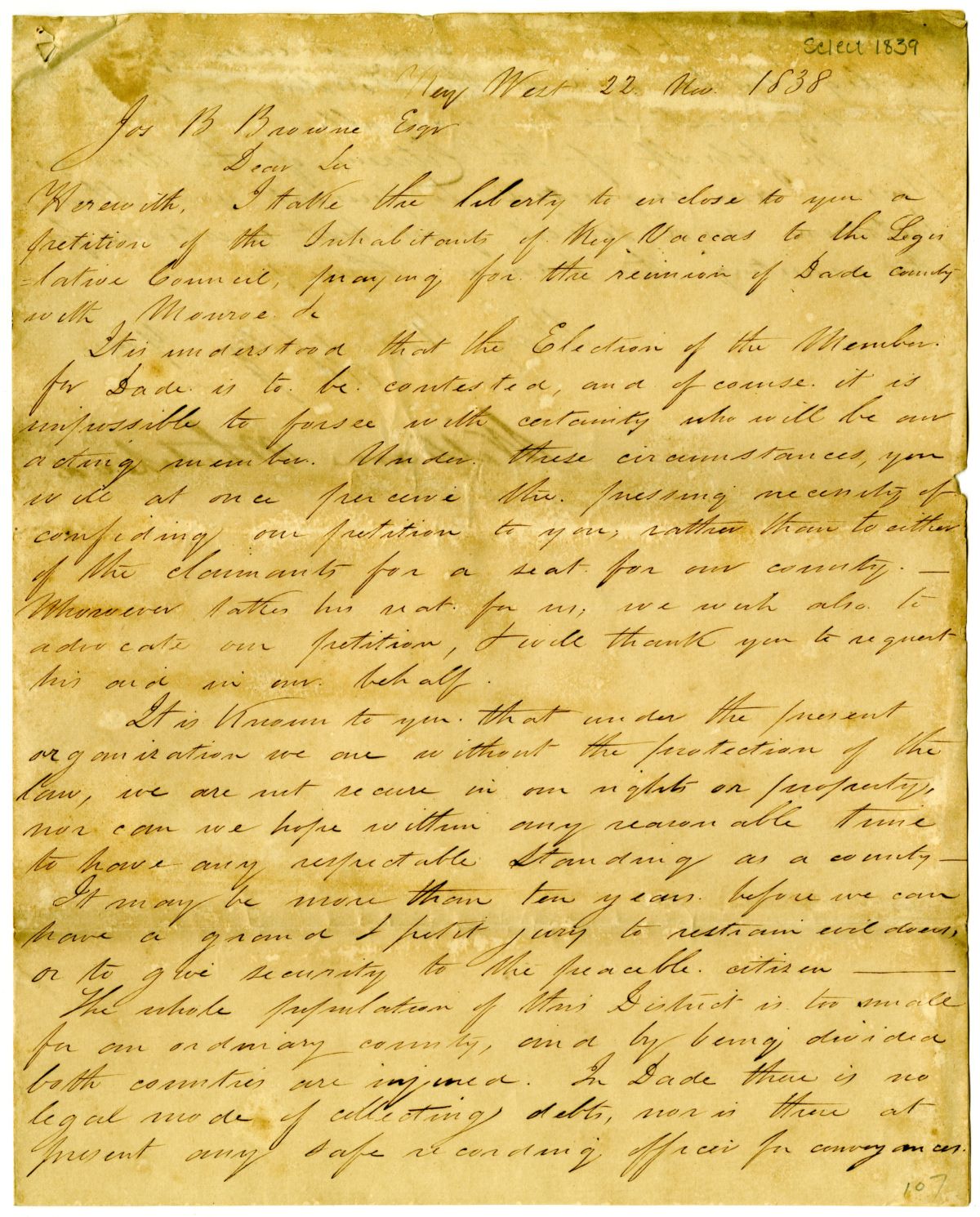 Petition of Citizens of Key Vacas Requesting the Repeal of the Act Organizing Dade County, 1838