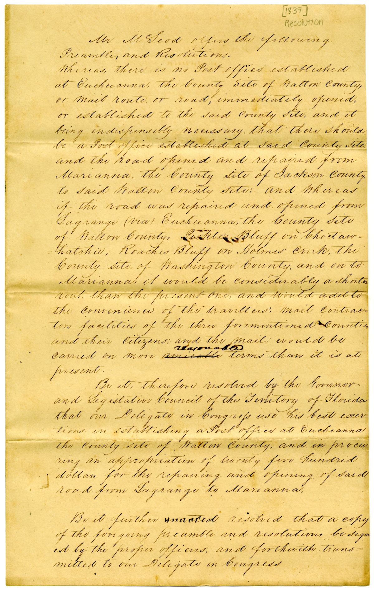 Resolution Directing the Florida Delegate in Congress to Lobby for a Law Establishing a Post Office in Eucheeanna, 1839