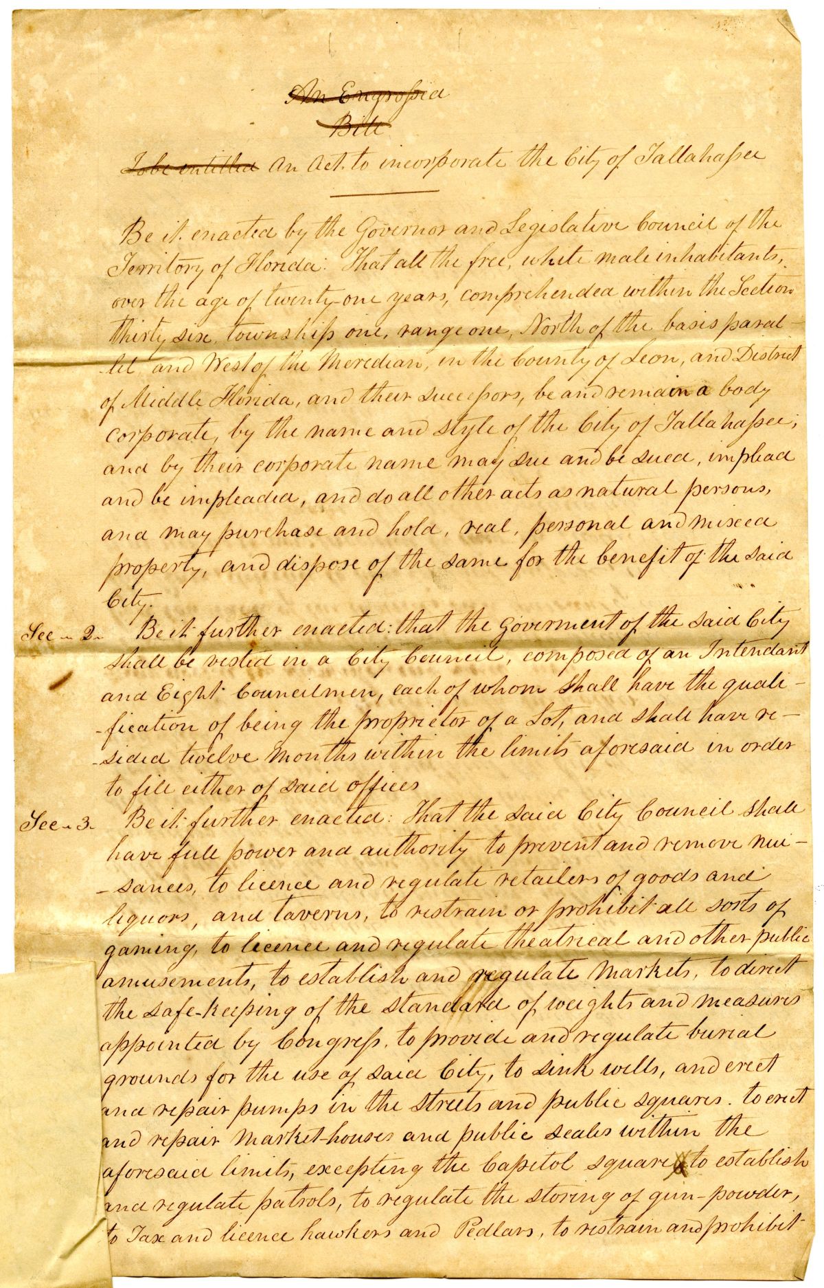 Draft of an Act to Incorporate the City of Tallahassee, 1840