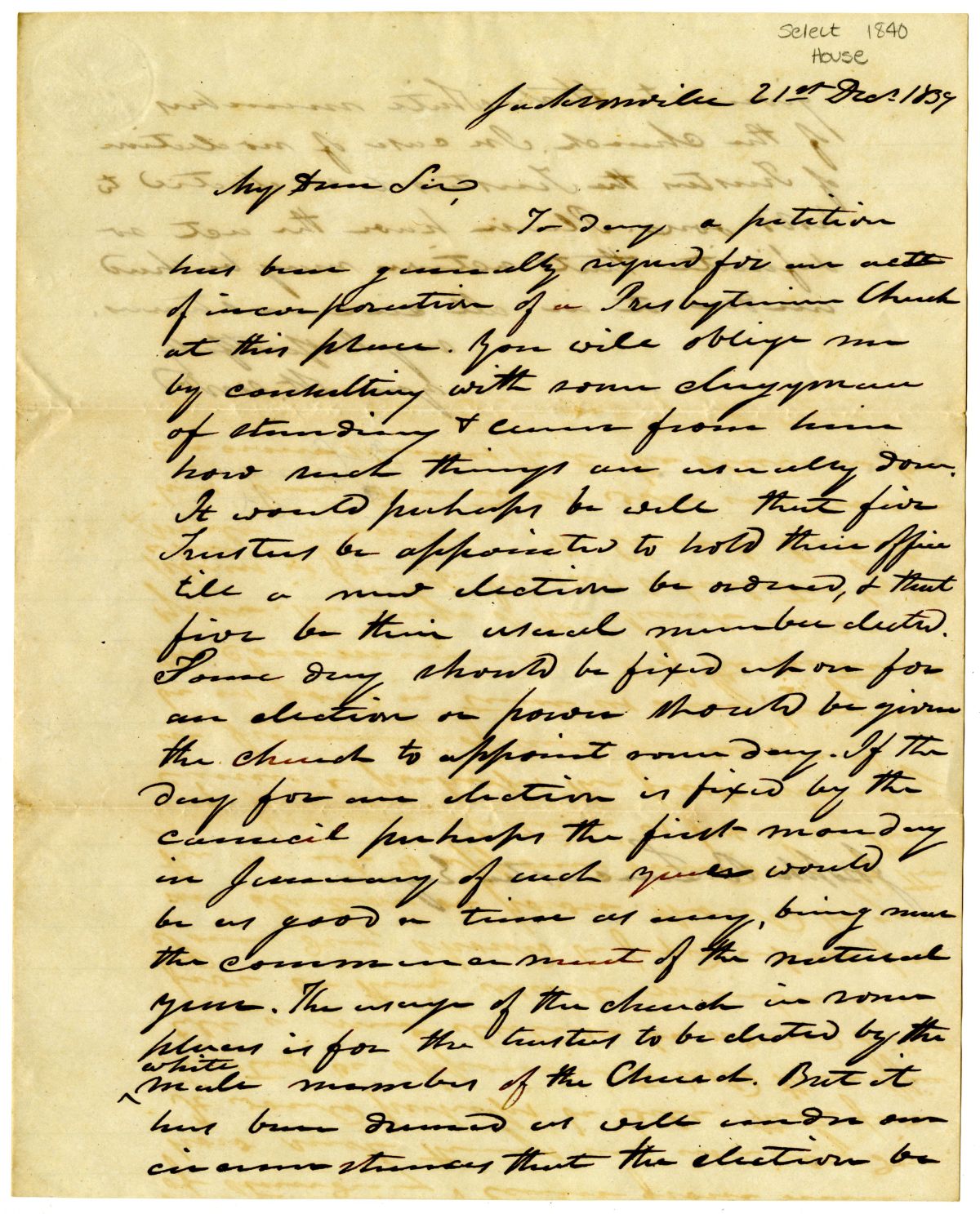 Petition of Citizens of Jacksonville Requesting the Incorporation of a Presbyterian Church with Letter, 1839