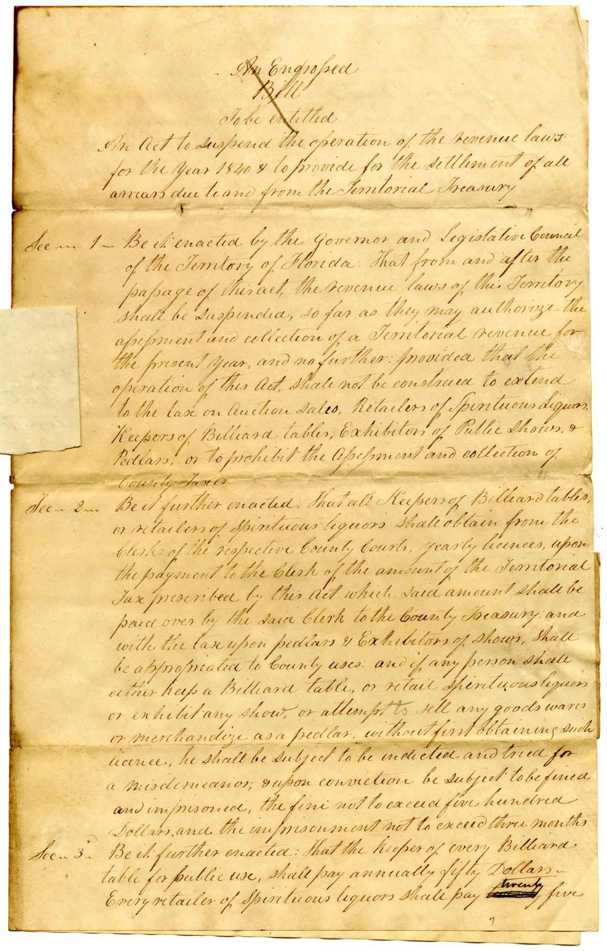 Draft of an Act to Suspend the Operation of the Revenue Laws for the Year 1840 to Provide for the Settlement of All Arrears, 1840