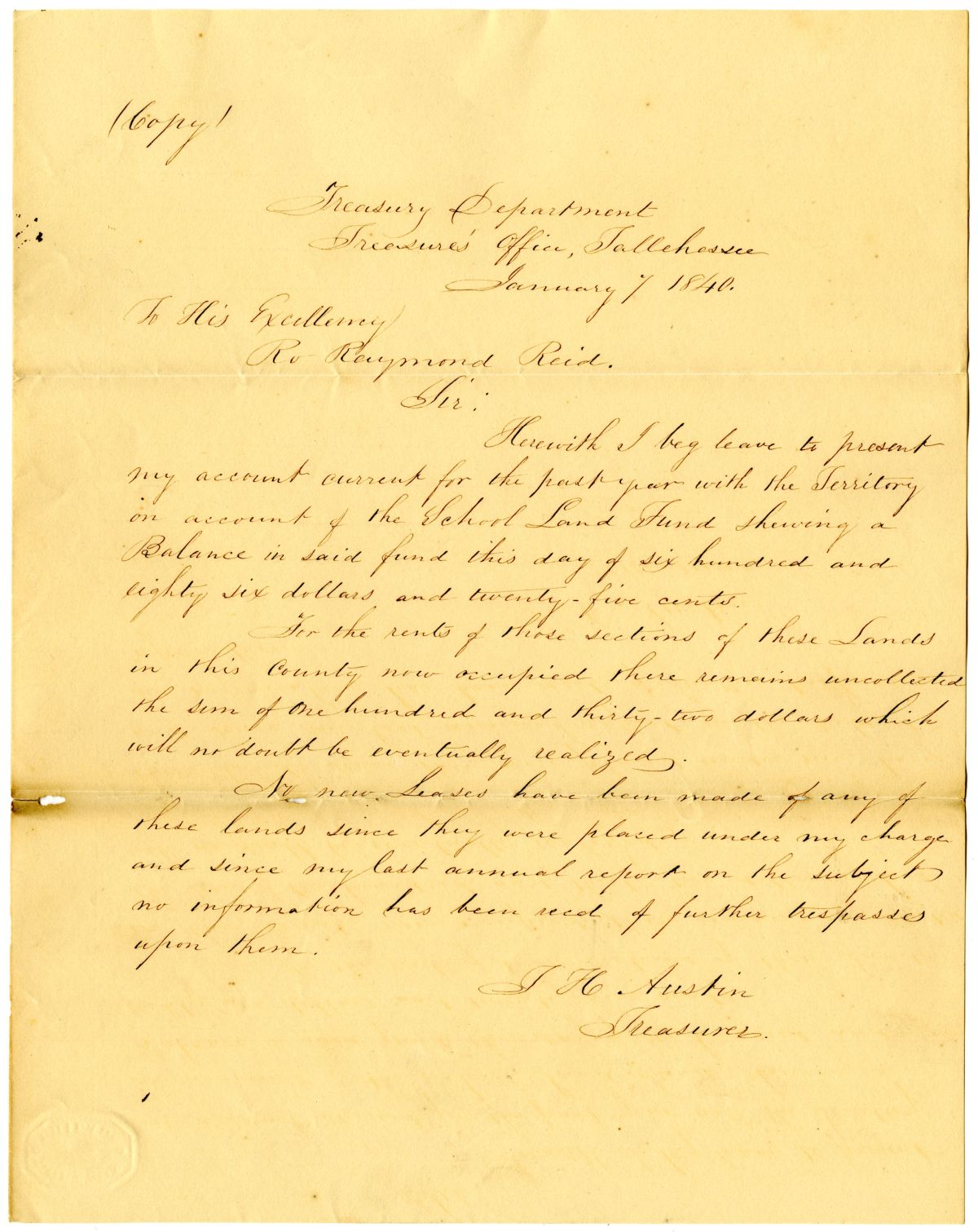 Account Current of the Territorial Treasurer for the School Land Fund, 1840