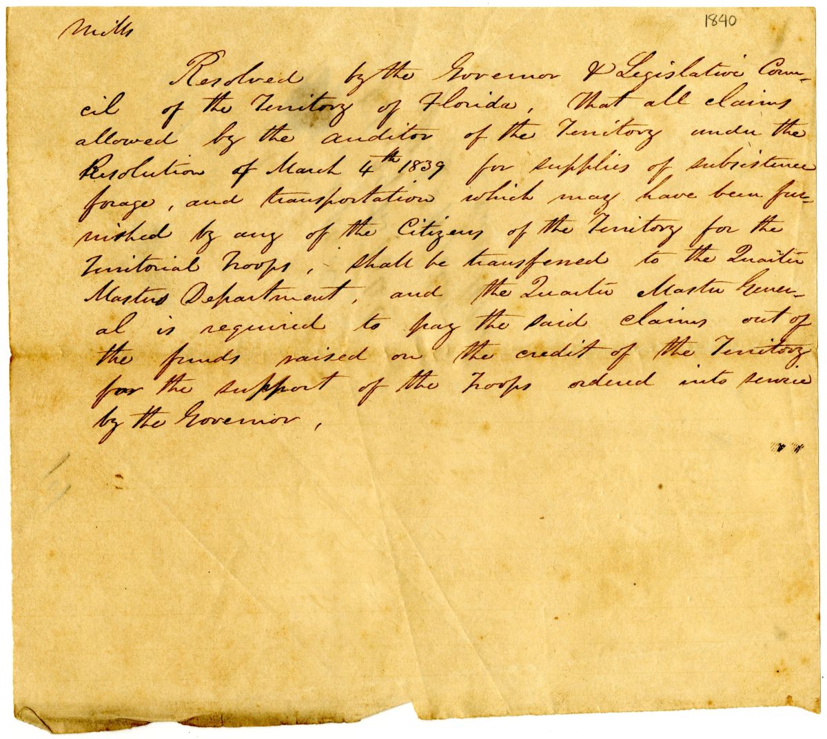 Resolution Transferring Certain Claims of Citizens to the Quartermaster's Department, 1840