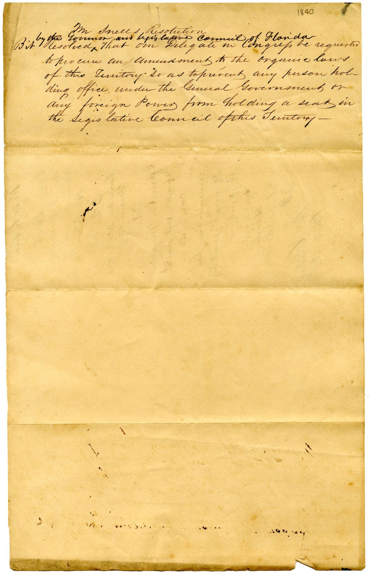 Resolution Instructing the Florida Delegate in Congress to Request an Amendment to the Organic Law of the Territory, 1840