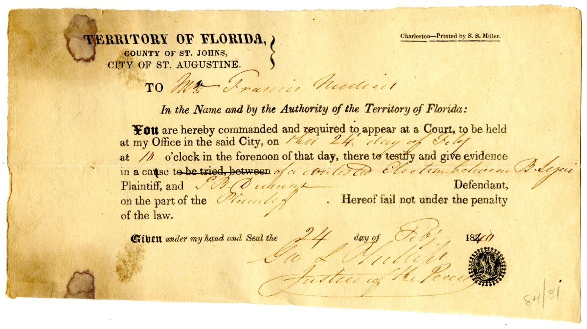 Subpoena Commanding Francis Medicis to Appear in Court Concerning the Case of a Contested Election, 1840