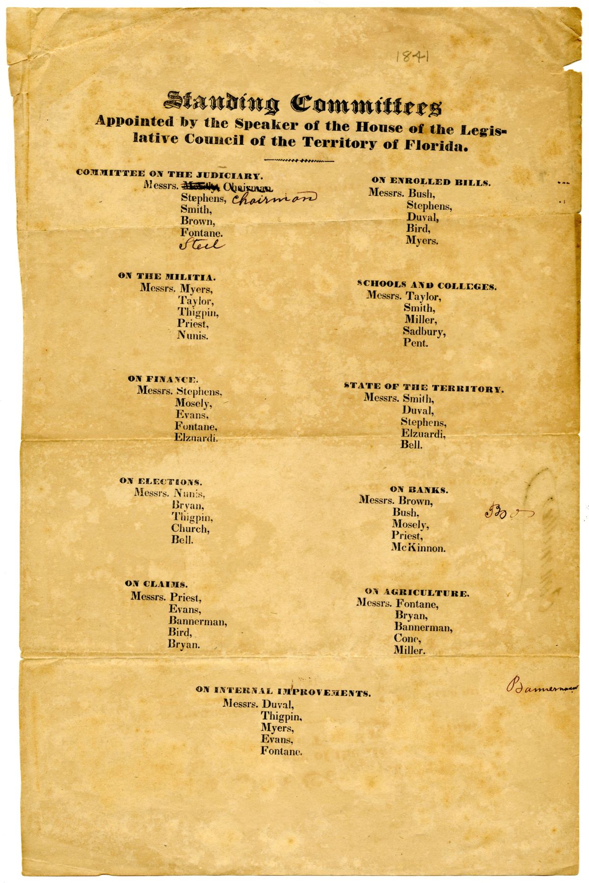 Standing Committees Appointed by the Speaker of the House of the Territorial Legislative Council, 1841